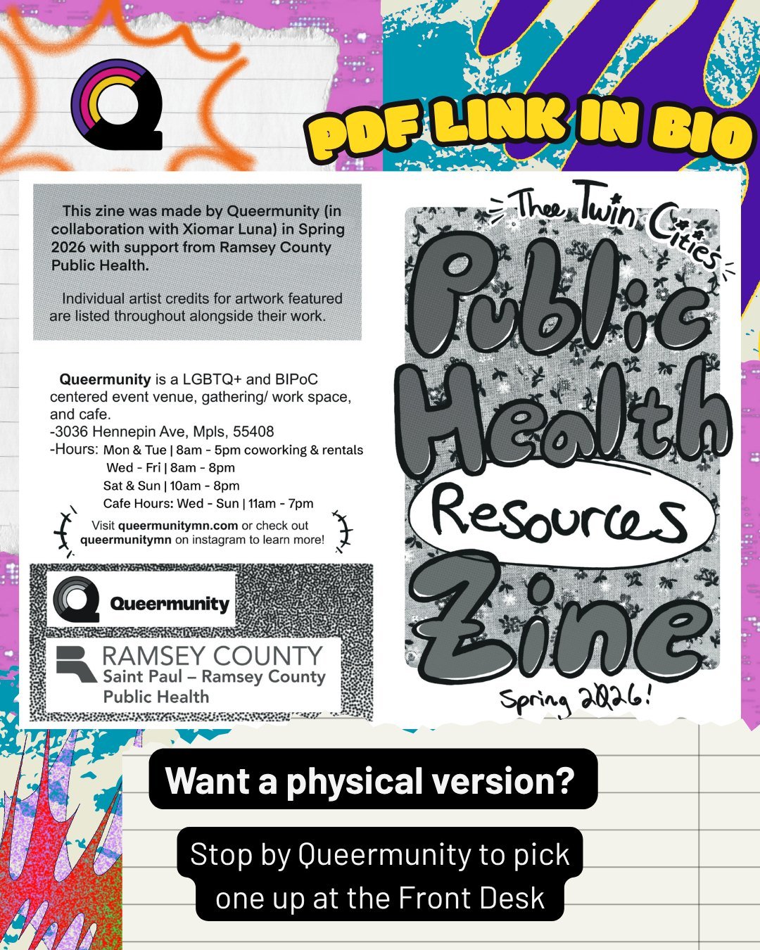 Our Spring Zine is here! 🌷✨

The theme is: Joy is Resistance, Joy is Care, Joy is Health! The zine features resources from around the Twin Cities area. Scroll through and share this with someone who might need it! 

Stop by the front desk at the Q f
