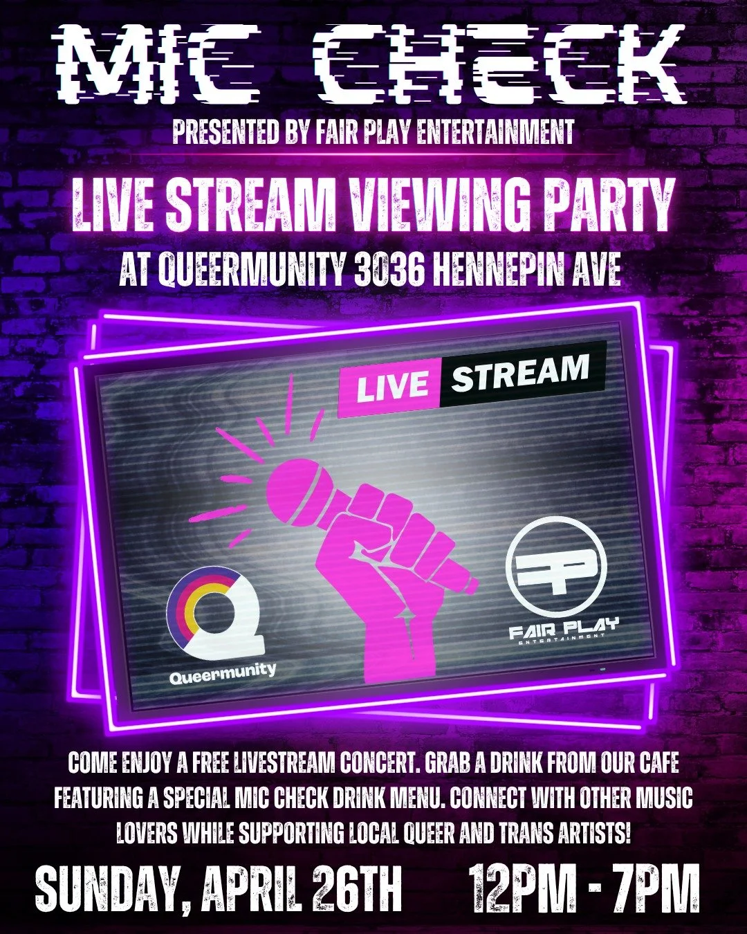 April 26th we're partnering with @fairplayemn to bring local lgbtq+ music to you! 

This day long live stream will have interviews and performances from @manicpixiedreemboi  @astrobinaut  @dgsviolin  @isaac.jordan_  @theafrocentricratchet 

Join us i