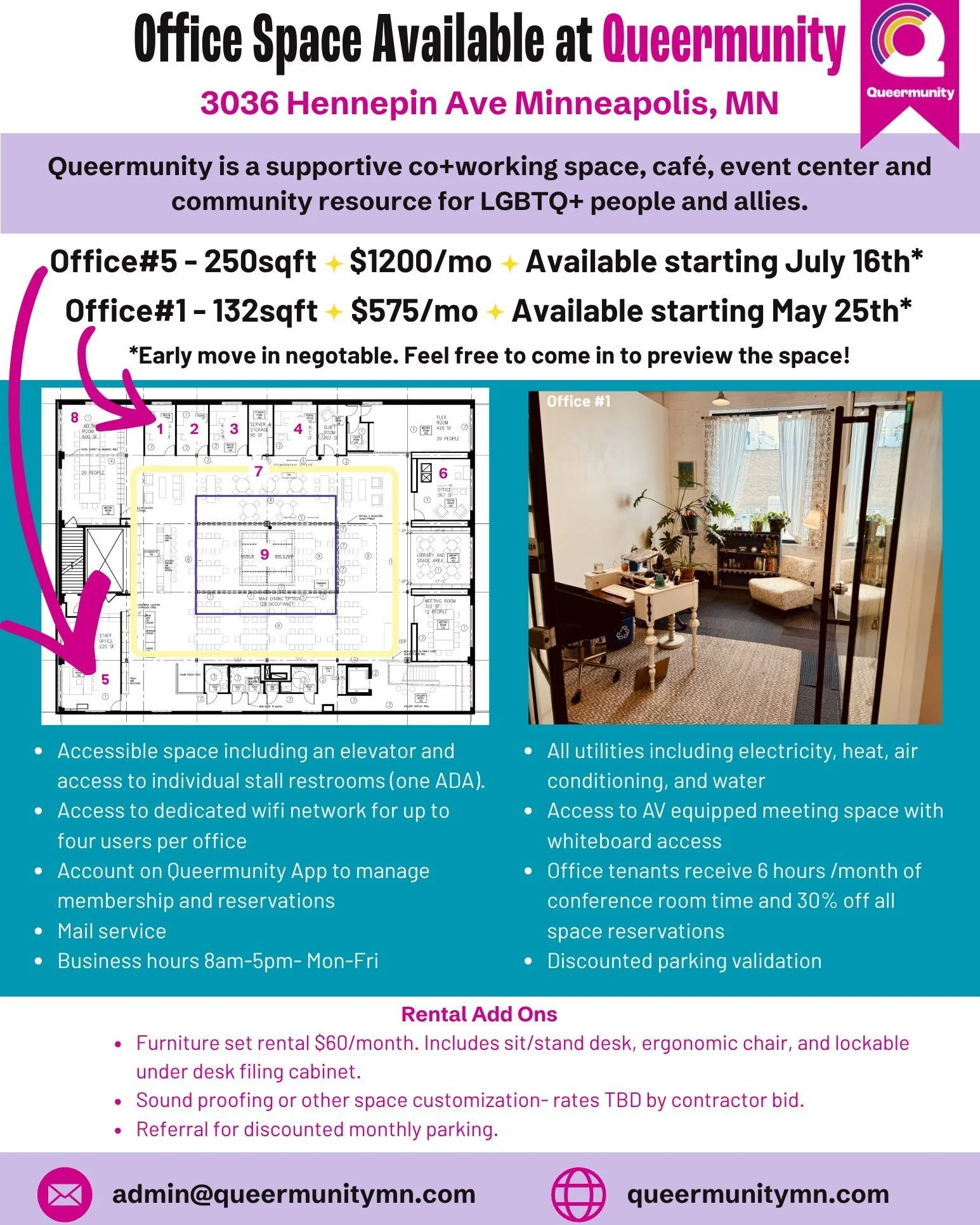 Offices #1 and #5 at Queermunity are opening up! We&rsquo;re looking for new tenants interested in having a dedicated office here.

Office #1 available starting May 25th.
Office #5 available starting July 16th.

Earlier move in date negotiable. 

Inc