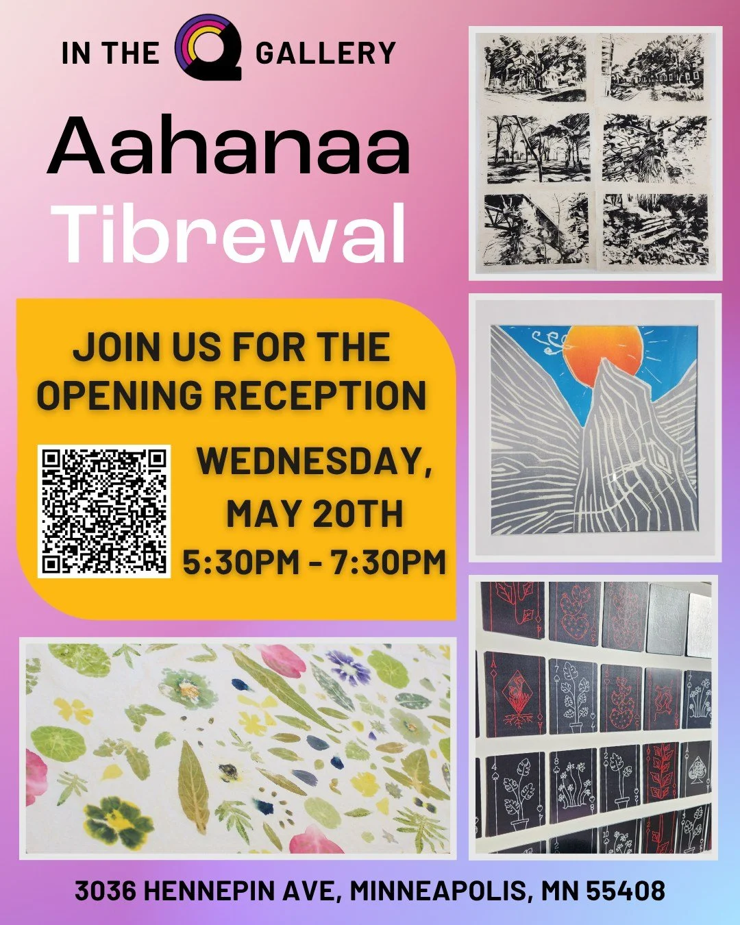 Join us for a Gallery Reception welcoming @aahanaatheartist 

When: May 20th 5:30pm - 7:30pm
Where: Queermunity 3036 Hennepin Ave S 

Aahanaa Tibrewal is an artist from Kolkata, India. She moved to Minnesota in 2021. Her practice spans a wide range o