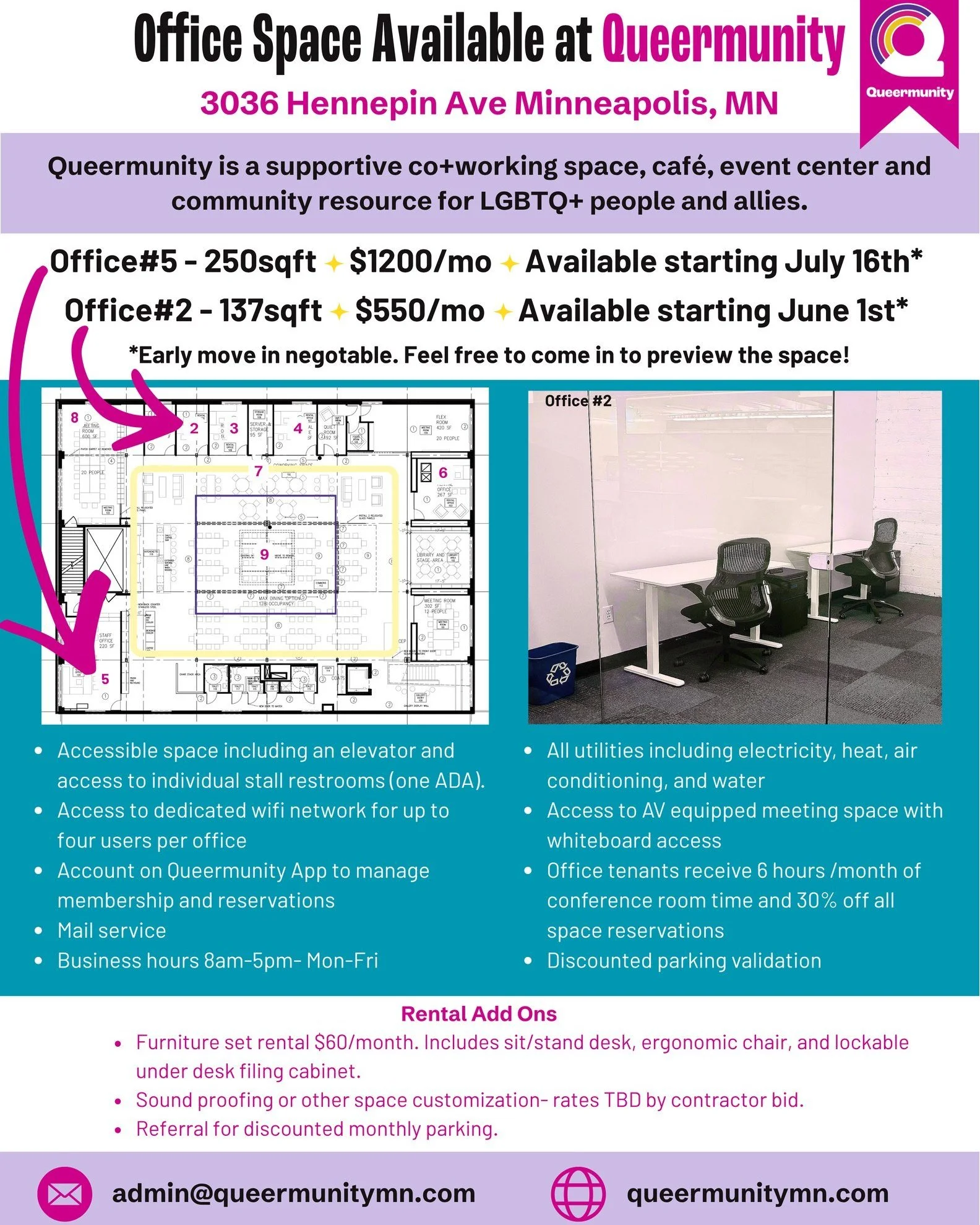 We still have office space open! 

Office 2 available starting June 1st.
Office 5 available starting July 16th.

Earlier move in date negotiable.

Includes:
✨High-speed secure tenant Wi-Fi network
✨Mail service
✨All utilities covered
✨6hr/month confe