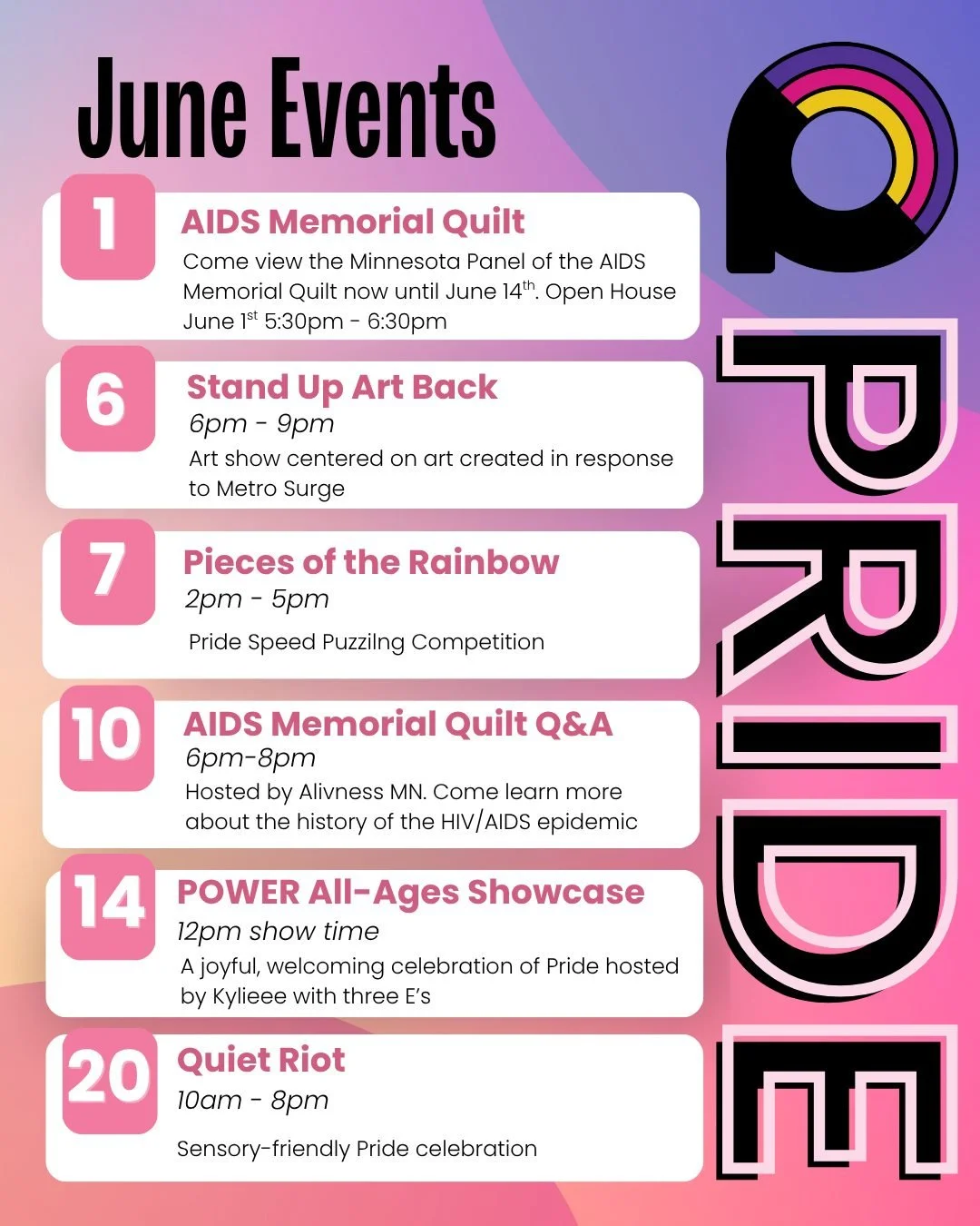 AIDS Memorial Quilt | June 1st Open House 5:30pm
Come in now until the 14th to view panels of the AIDS Memorial Quilt, co-hosted by the Aliveness Project! 

Stand Up Art Back | June 6th 6pm - 9pm
This is an art show and exhibition response to Metro S
