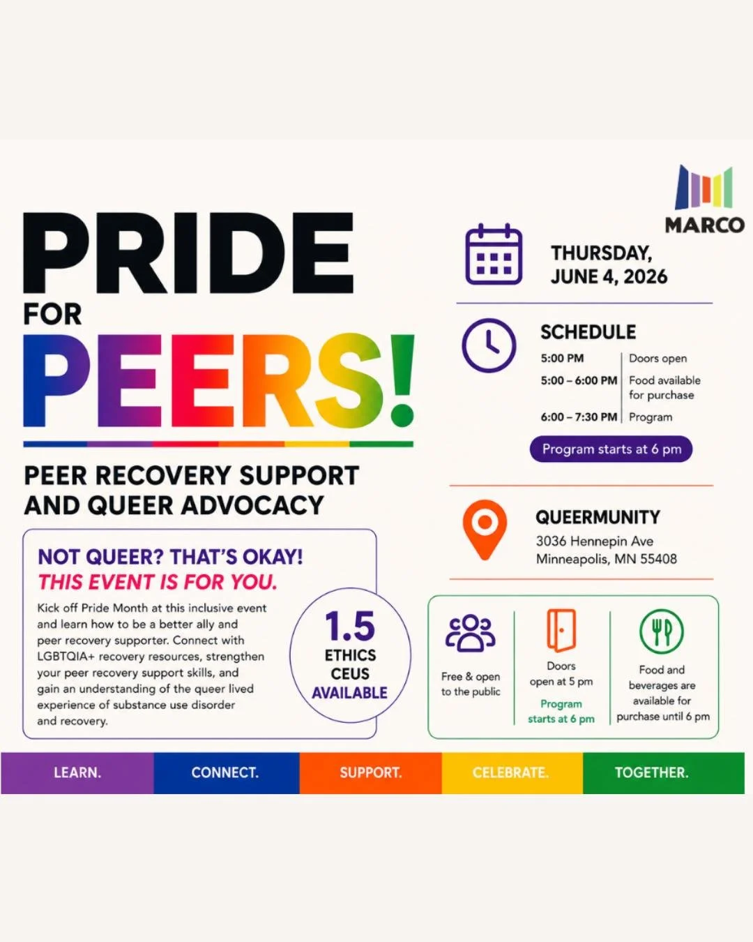 Pride for Peers is a community conversation focused on LGBTQIA+ lived experience in recovery, peer support, and advocacy. 

@marco_minnesota is bringing together queer leaders, recovery advocates, peer specialists, providers, and community members to