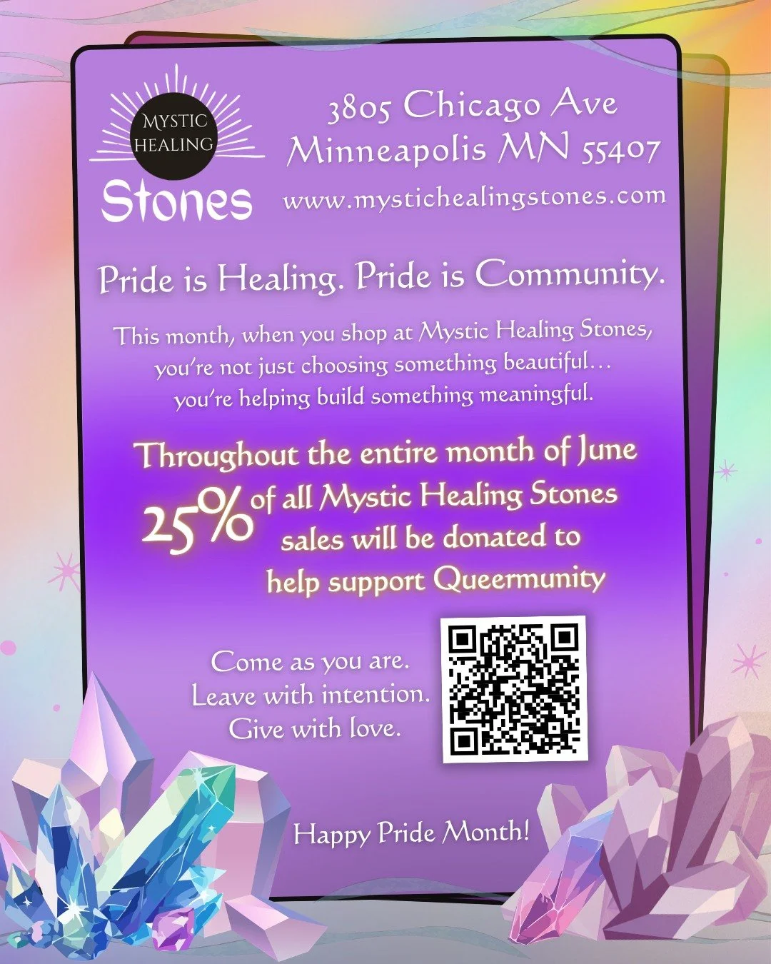 During June, @mystichealingstones  is donating 25% of all sales to Queermunity. We are deeply touched by their generosity. 

Their offerings include jewelry, decor, stones and tarot card readings. Stones are ethically sourced.

To shop, visit www.mys