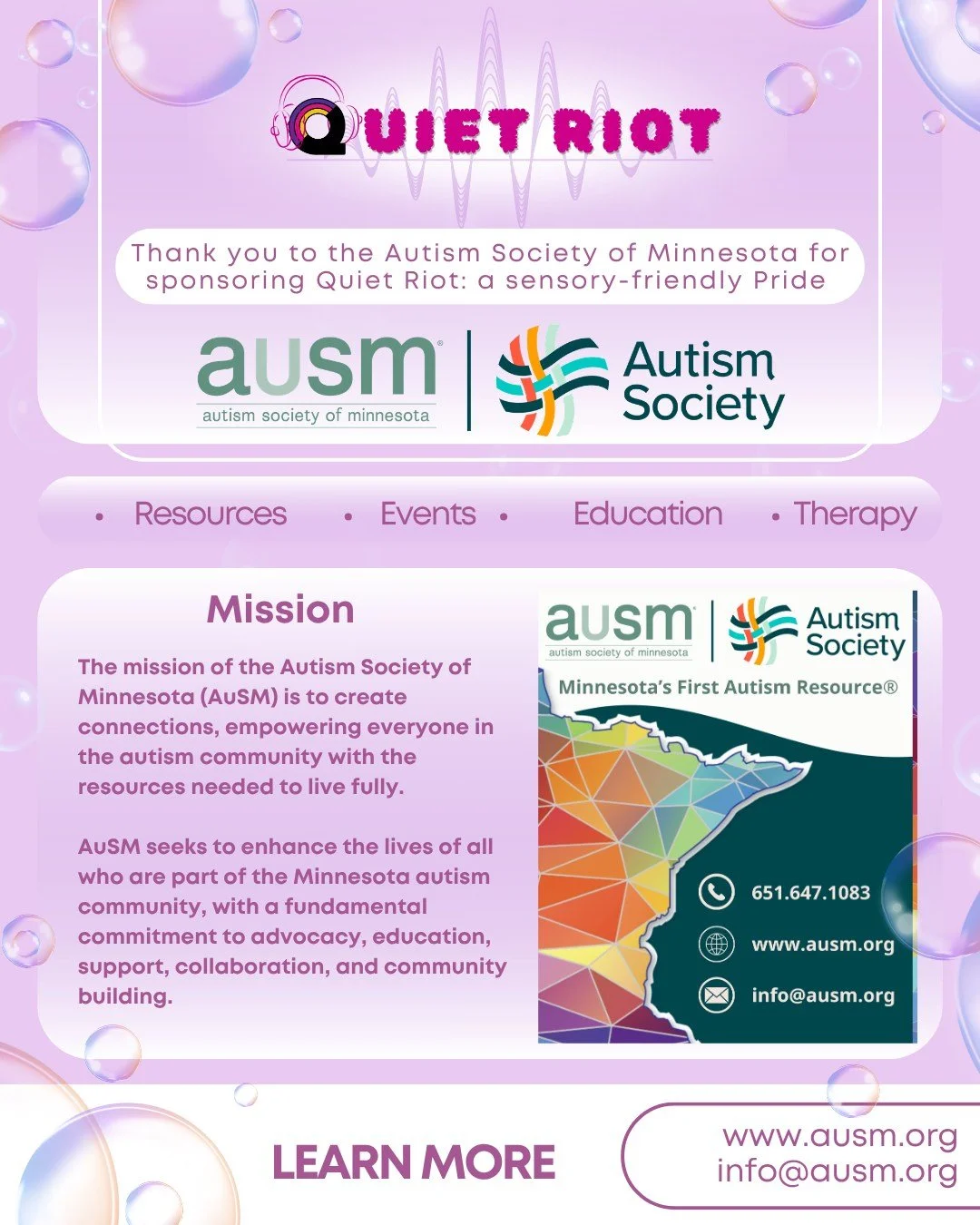Thank you to our wonderful sponsors for making Quiet Riot possible! 

@ausmmn works to create connections, empowering everyone in the autism community with the resources need to live fully. Check out their website for resources, events, therapy, educ