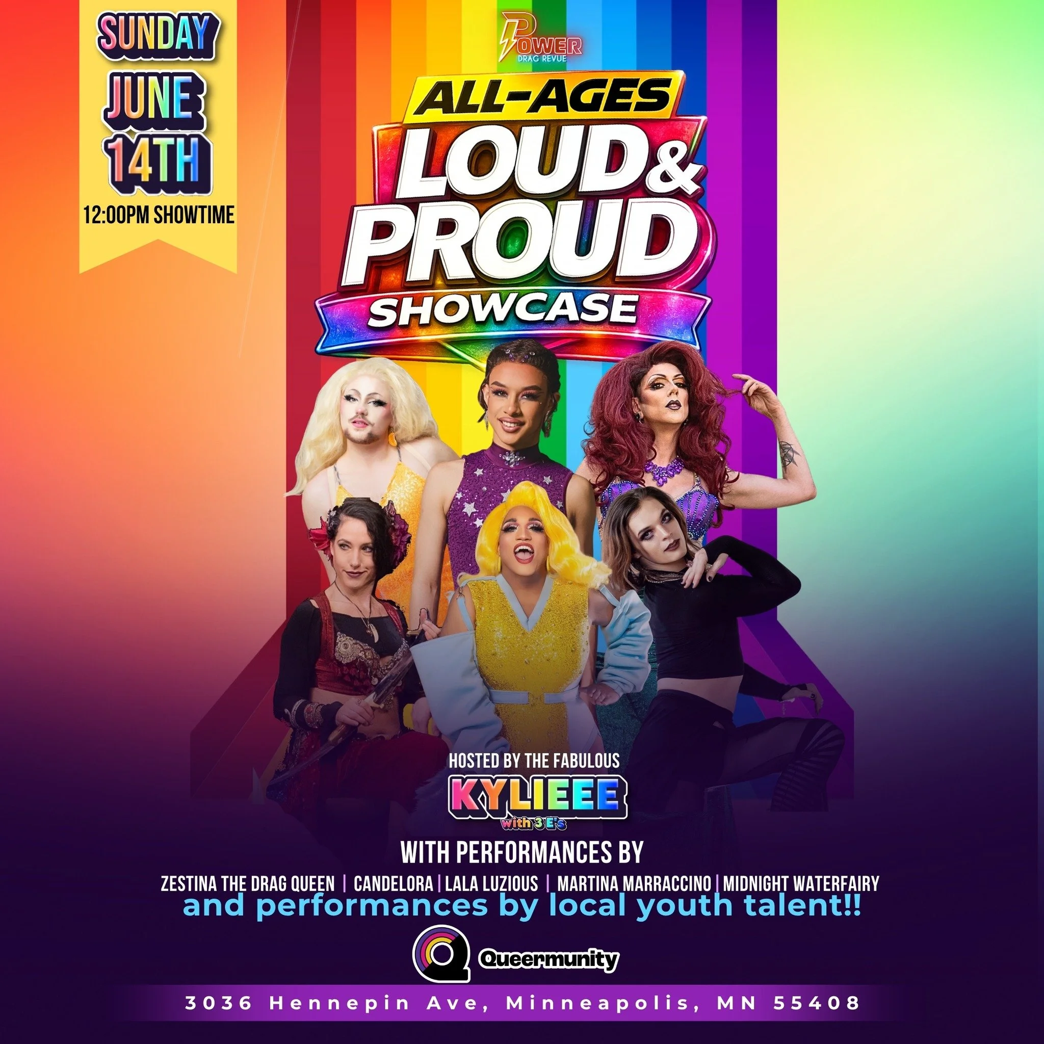 Join @powerdragmn  for a joyful, welcoming celebration of Pride featuring incredible performances.

✨ When: Sunday, June 14 12pm - 2pm
✨ Where: Queermunity 3036 Hennepin Ave S

Hosted by Kylieee with three E&rsquo;s, with special performances by Zest