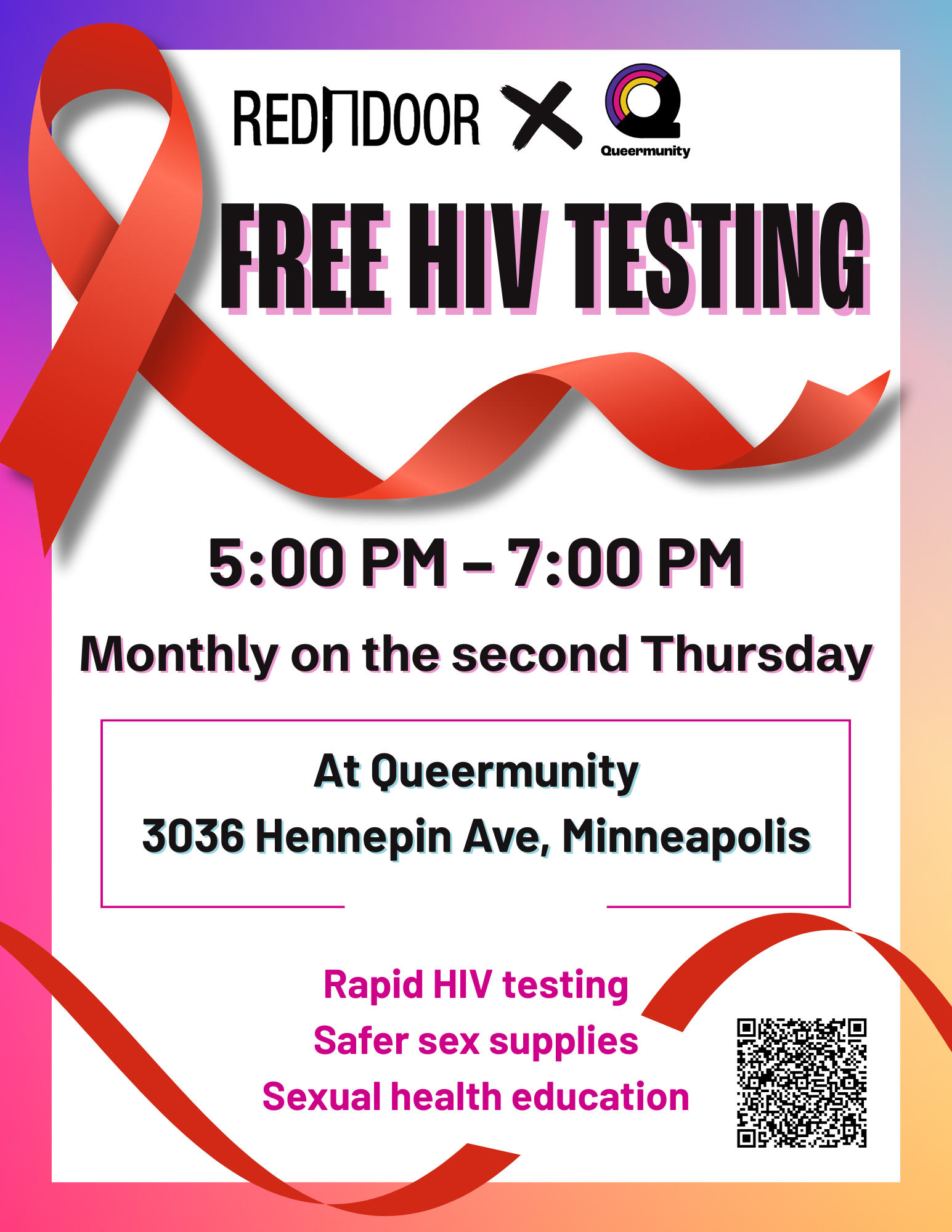   RedDoor Testing     Monthly on the second Thursday from 5 PM to 7 PM. Join RedDoor at Queermunity for free HIV testing and education! 