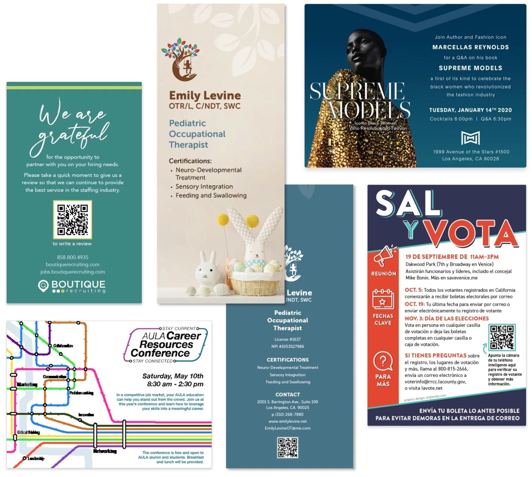 A collection of event flyers and advertisements, including a gratitude note from Boutique Recruiting, a pediatric occupational therapist profile, a fashion event featuring Marcella Reynolds titled Supreme Models, a voter registration and election guide in Spanish, and an AULA Career Resources Conference map, with various texts, graphics, and QR codes.