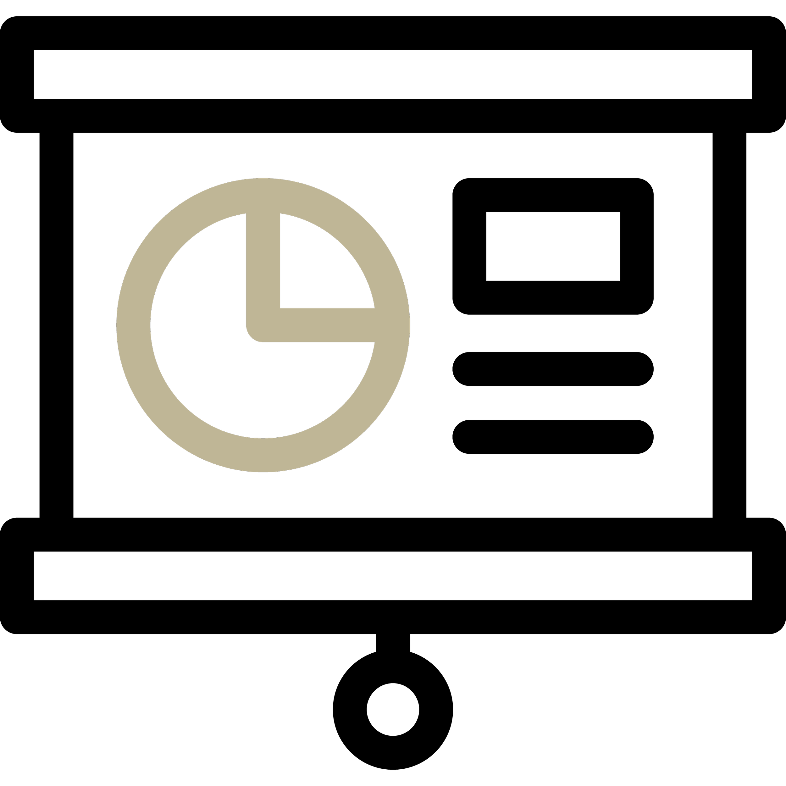 Icon of a pull-down screen with pie chart and lines representing text.