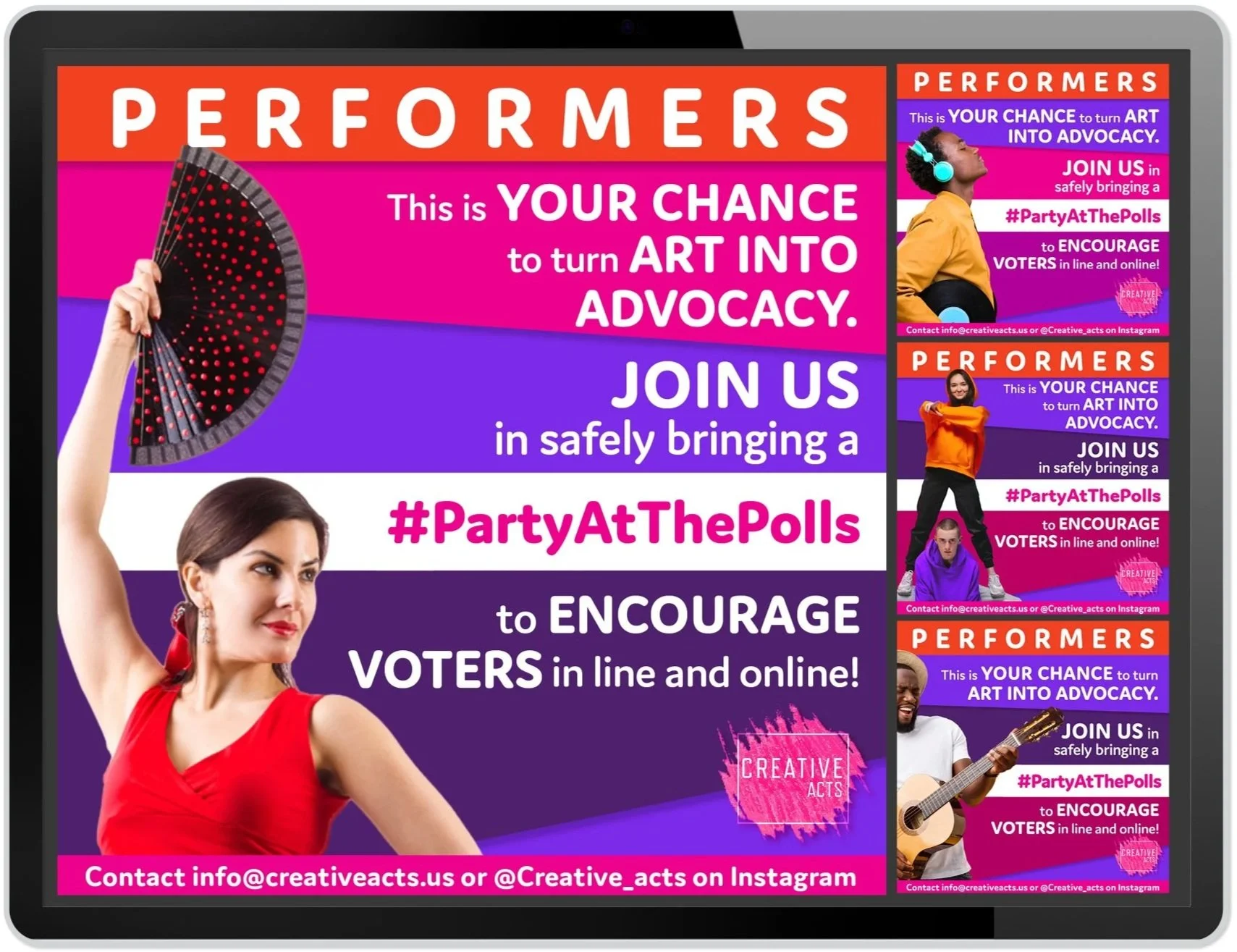 Colorful digital Creative Acts assets for social media promoting Party at the Polls, an event for performers to turn art into advocacy by encouraging voters online and in line, featuring diverse performers and contact information.