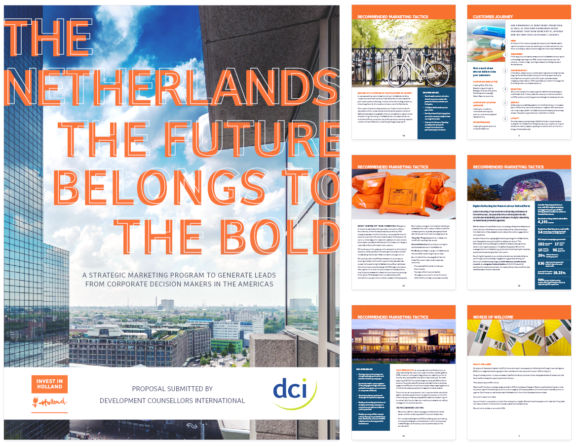 Cover page of a marketing report titled 'The Netherlands: The Future Belongs to the Bold,' with a cityscape view from a high floor, featuring a blue sky with clouds, and images and text about marketing tactics and strategy.