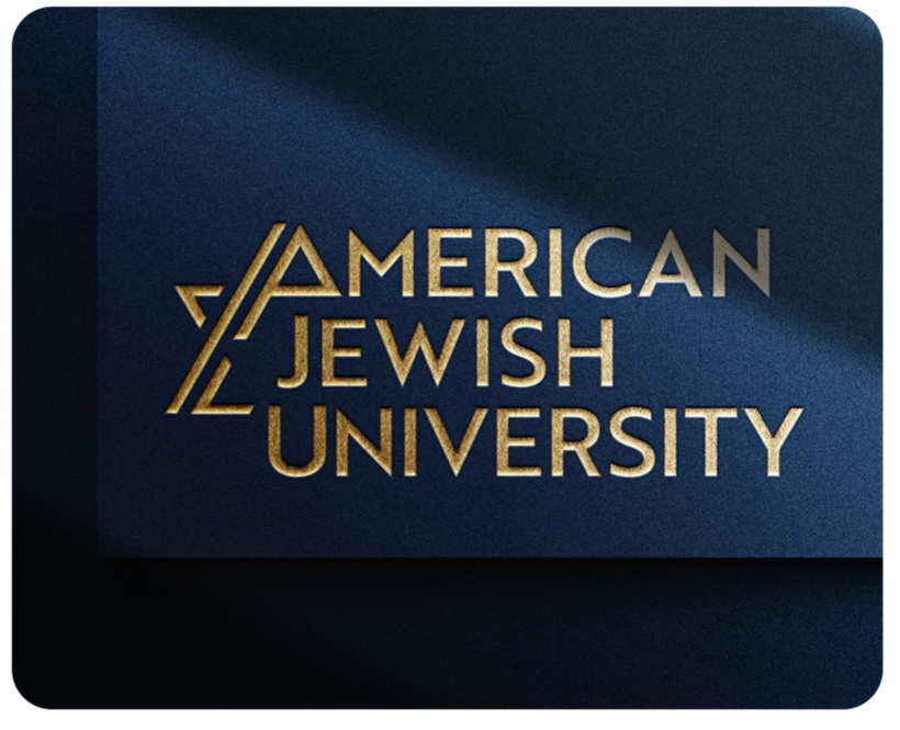 Logo of American Jewish University on a dark blue background.