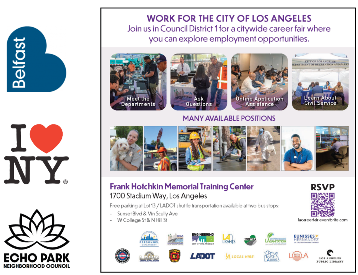 Flyer for a City of Los Angeles career fair at Frank Hotchkin Memorial Training Center, featuring information on how to attend, employment opportunities, and various department logos.