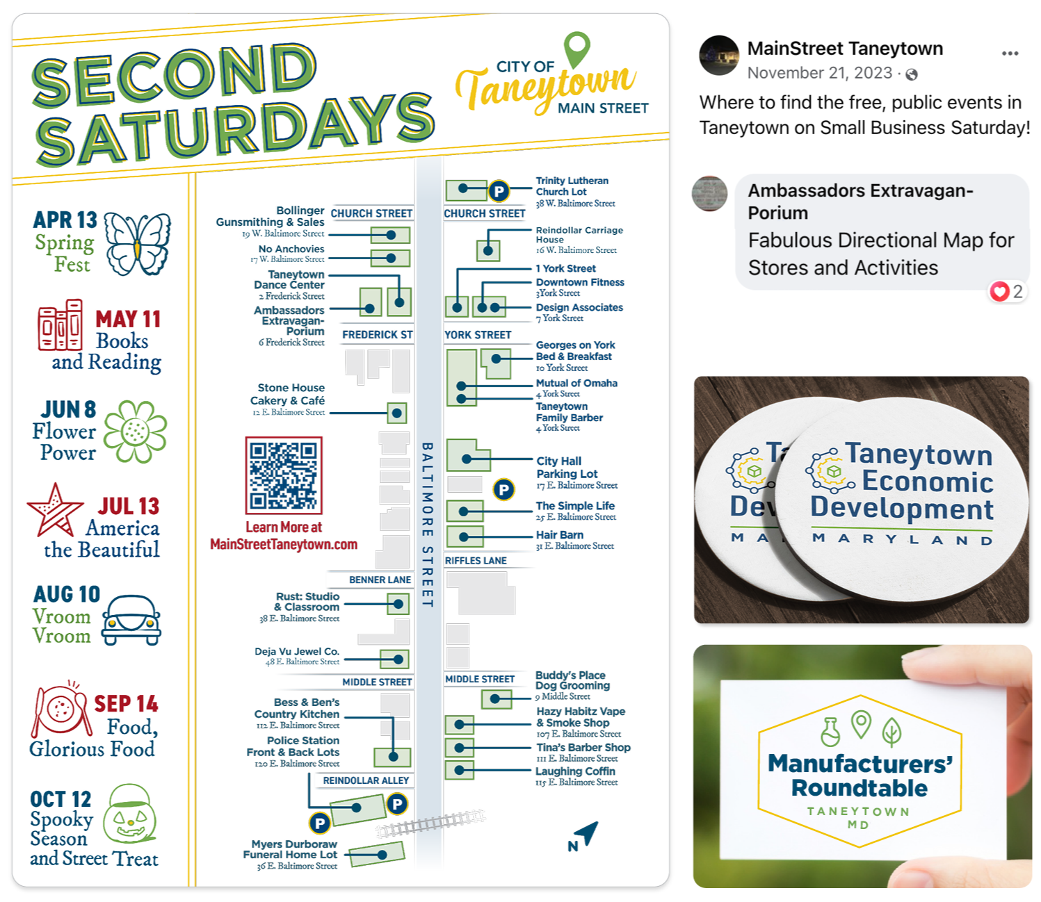 Event map showing locations for Second Saturdays activities in Taneytown, Maryland, with a list of dates and events on the left, a map with street names and landmarks in the center, and promotional logos on the right.