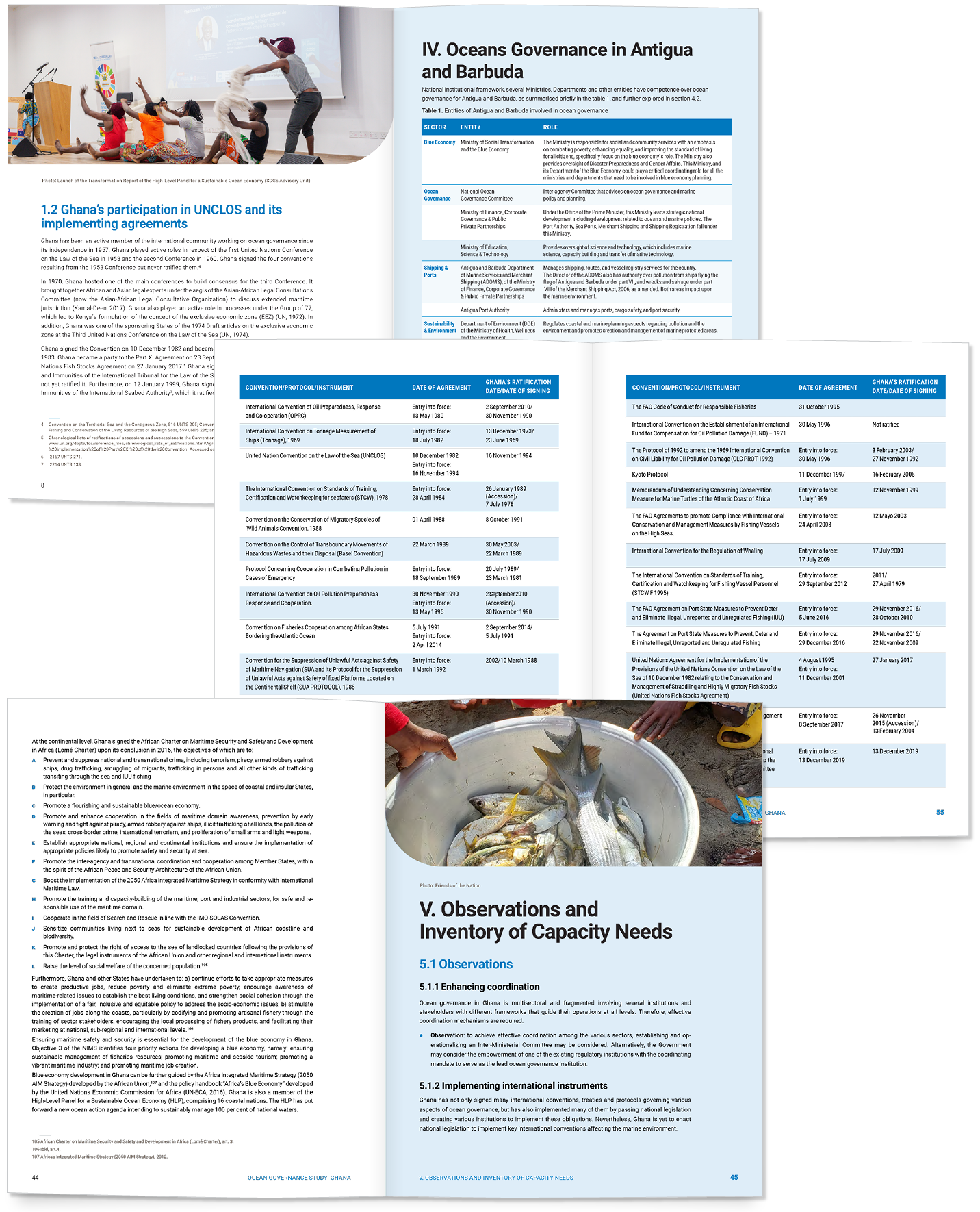 Two pages of a report discussing oceans governance in Antigua and Barbuda, with tables of international agreements and their dates, and a photo of fish in a bowl at the bottom of the right page.