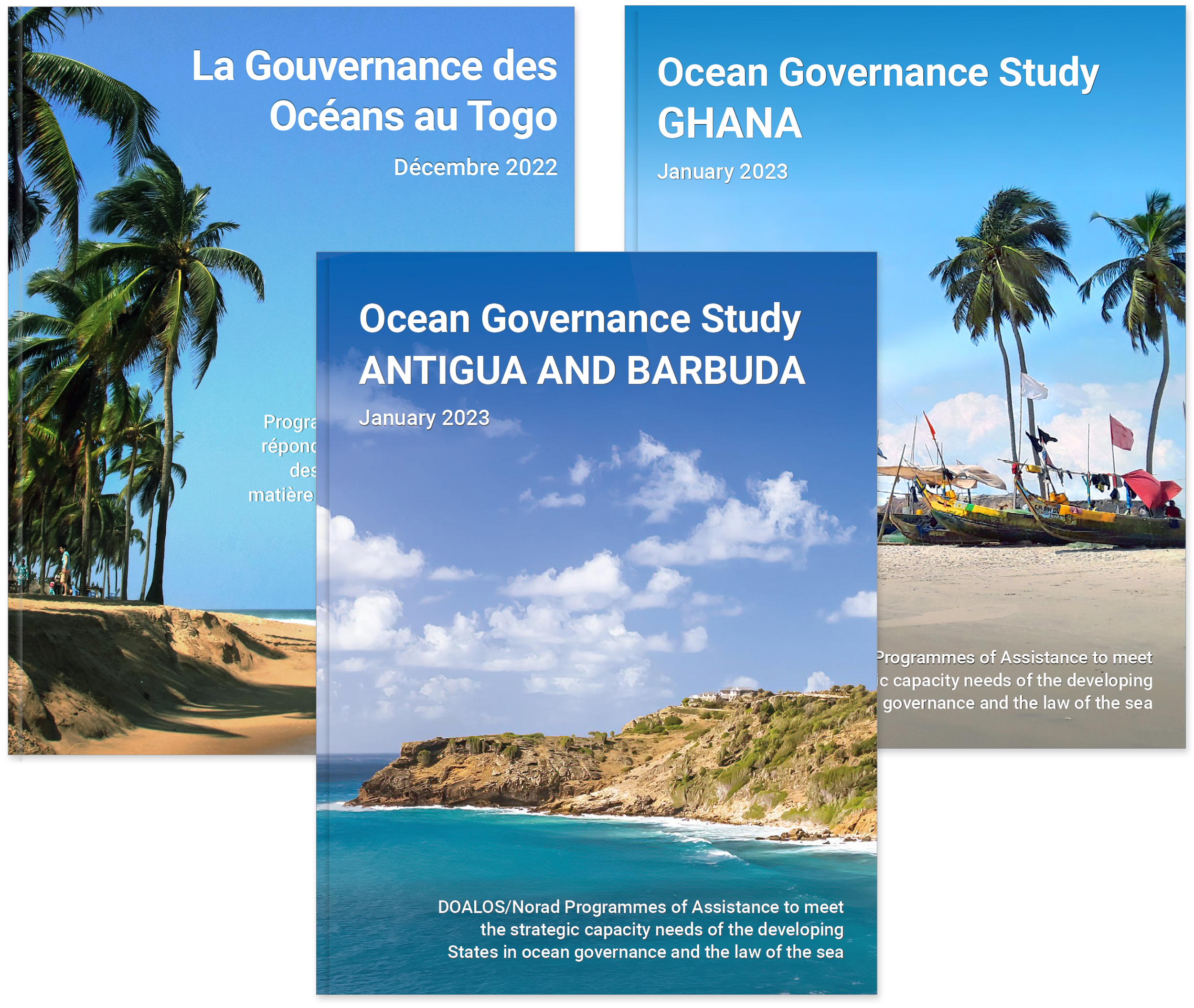 Cover pages of three United Nations reports on ocean governance, featuring tropical beaches, palm trees, and boats, with titles in French and English.