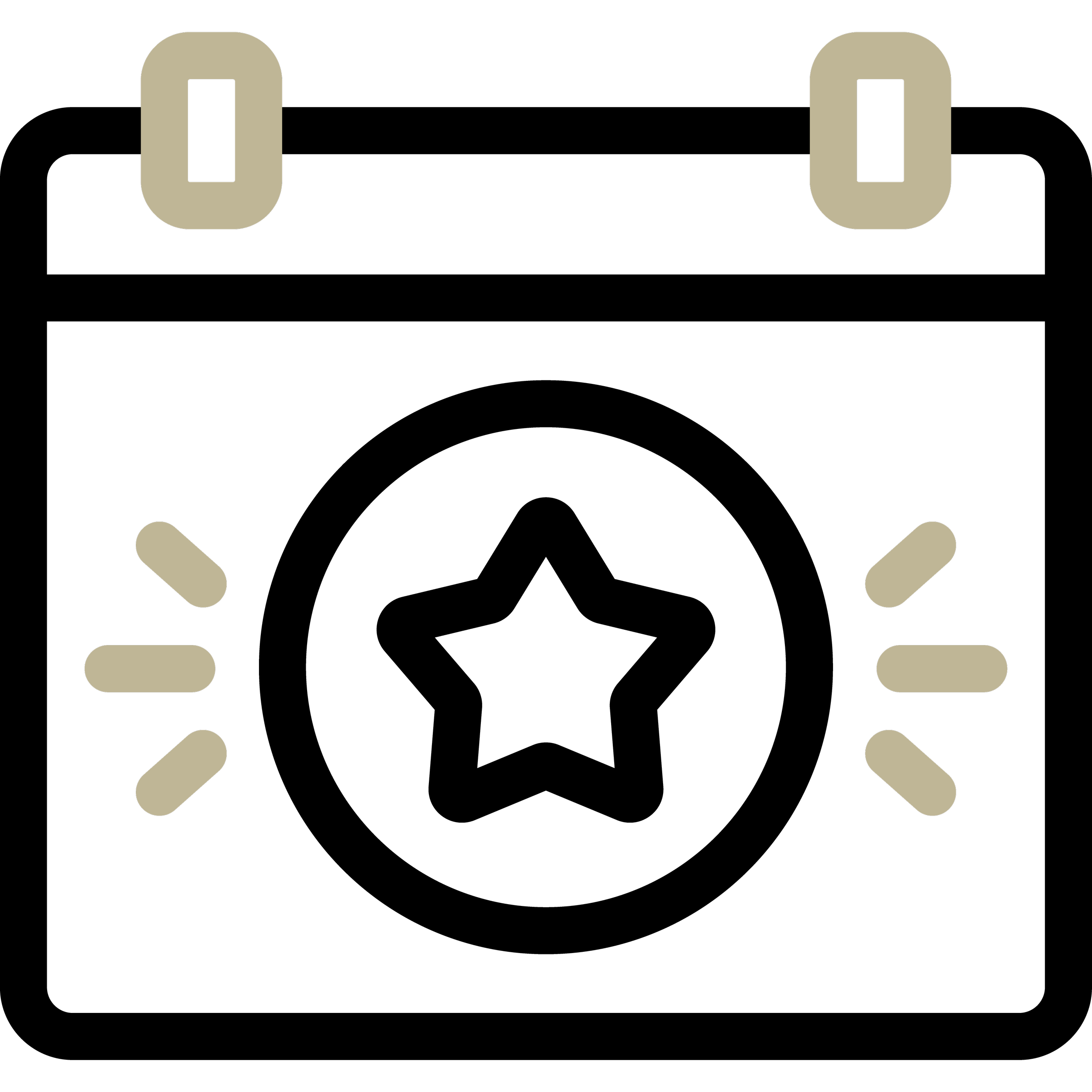 Icon showing calendar with single illustration in the middle of a star surrounded by a circle and golden sparkles.