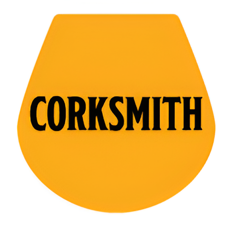 Yellow glass with the word 'CORKSMITH' in bold black letters.
