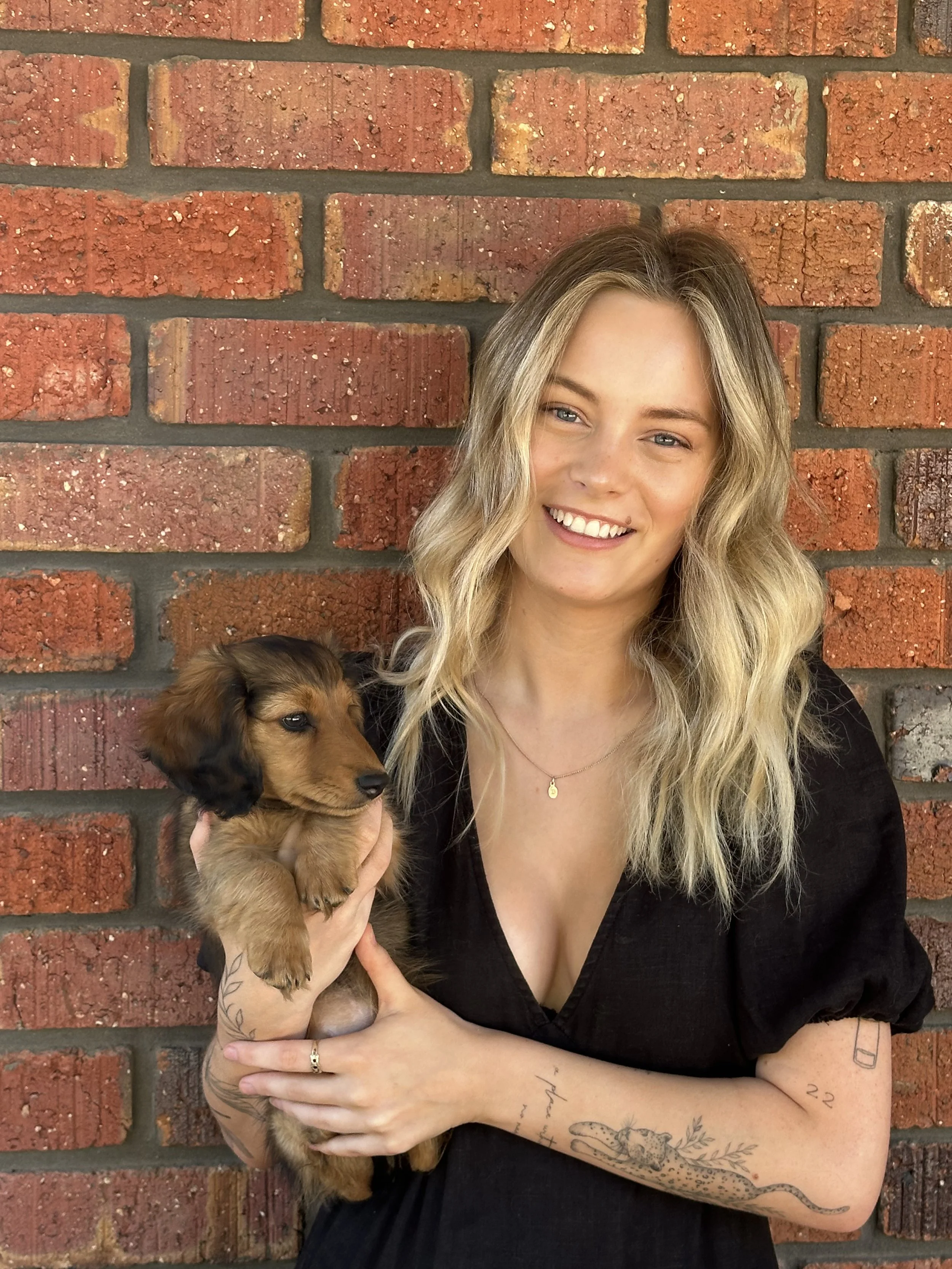 A woman holding a small black and white dog in her arms, with a white and gray bird perched on her shoulder, standing outside against a brick wall.