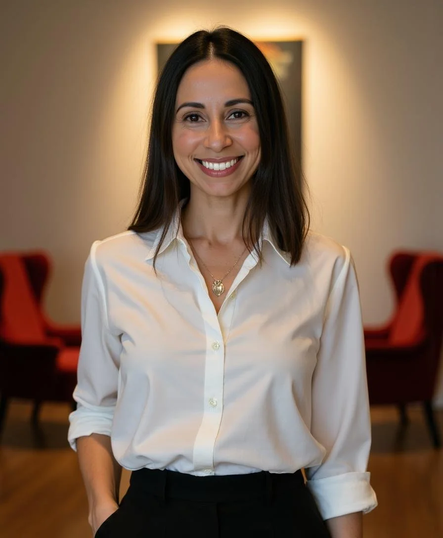 A smiling woman with long dark hair, wearing a white button-up shirt and black pants, standing in a room with beige walls and red chairs.