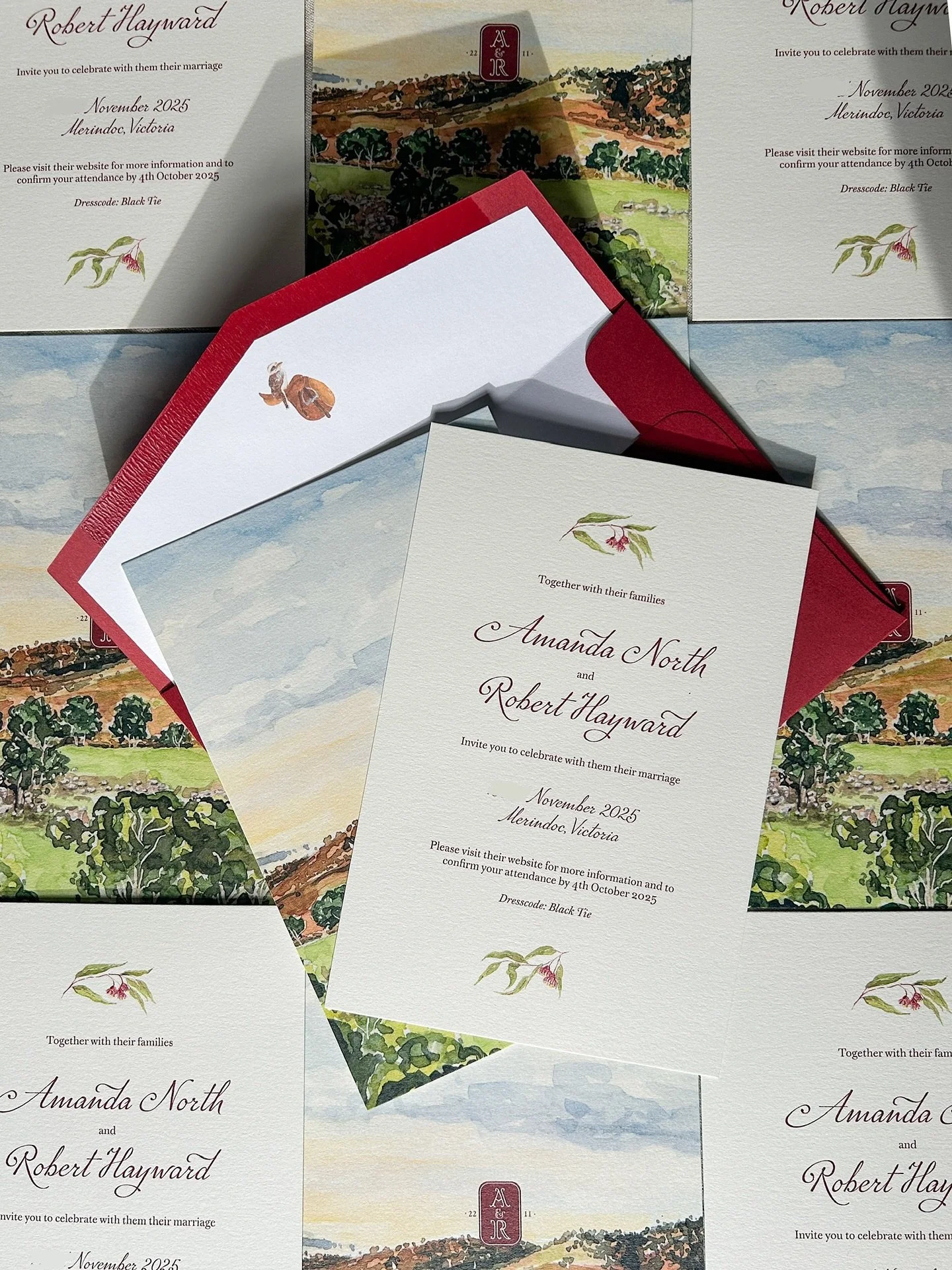 Keepsake invitations for a celebration on the groom&rsquo;s family farm in rural Victoria. 
 Hand-painted eucalyptus and Australiana motifs capture the couple&rsquo;s love of nature, bringing a touch of whimsy to rural elegance.

💌 #ruralwedding #au