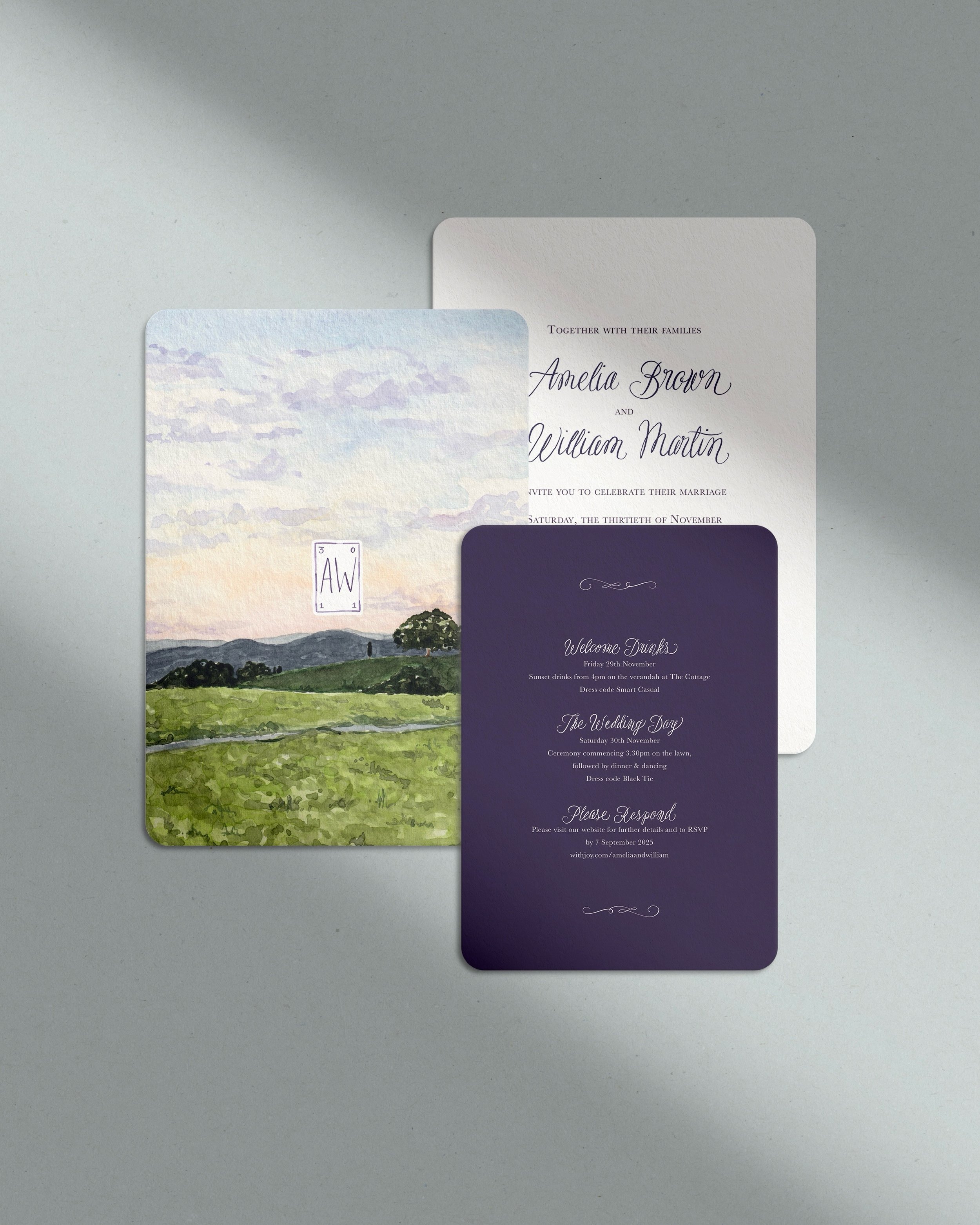 Introducing the Hinterland Suite - a hand-painted countryside scene at dusk, now available as a semi-custom invitation suite on my website.

Printed on premium 350gsm textured cardstock, fully personalisable, with the option to commission your own mo