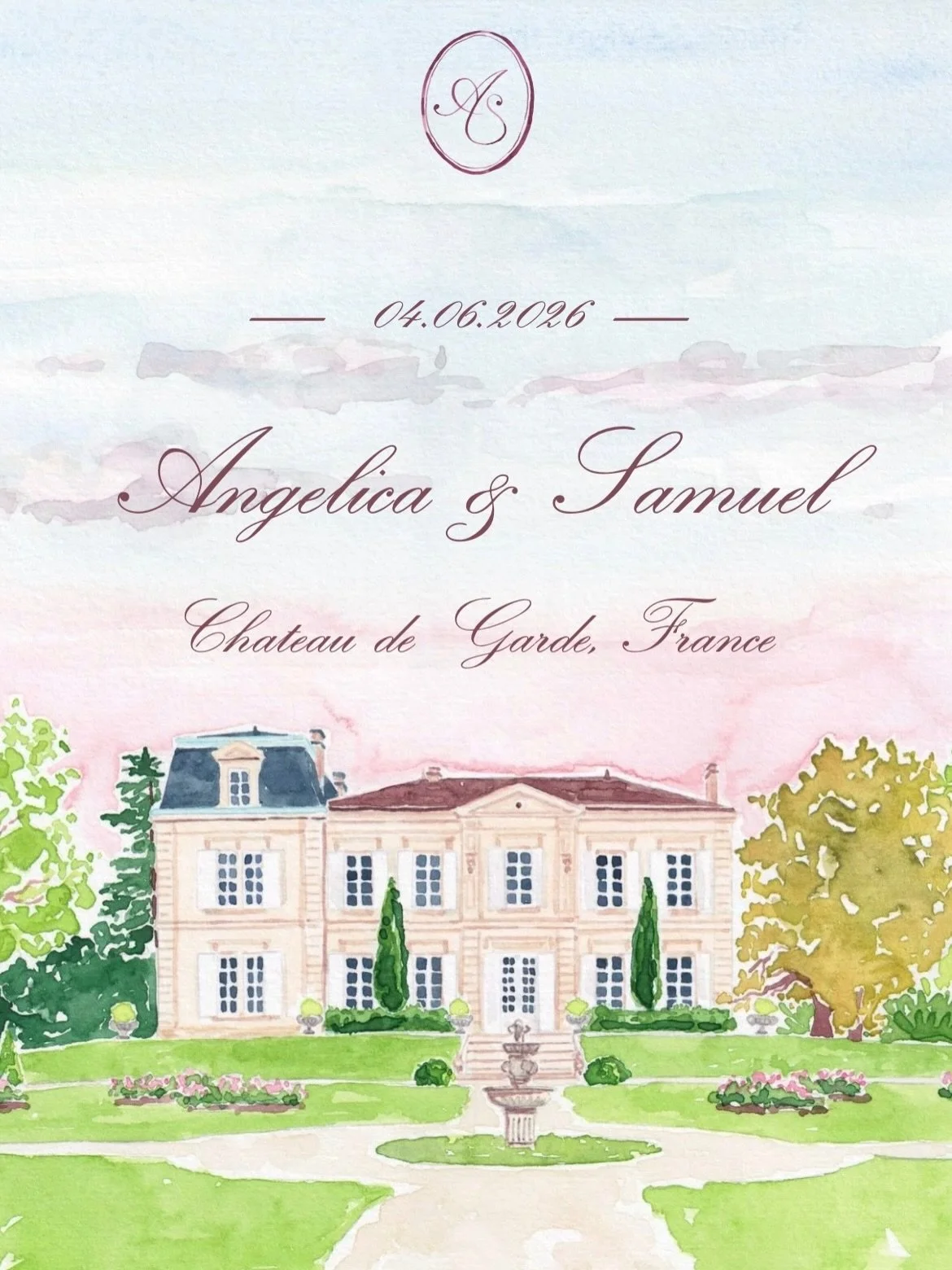 A&amp;S&rsquo;s website homepage, featuring Chateau de Garde bathed in soft, rosy light.

💌
#weddingwatercolour #weddingstationery #weddingwebsite #chateauwedding #destinationwedding