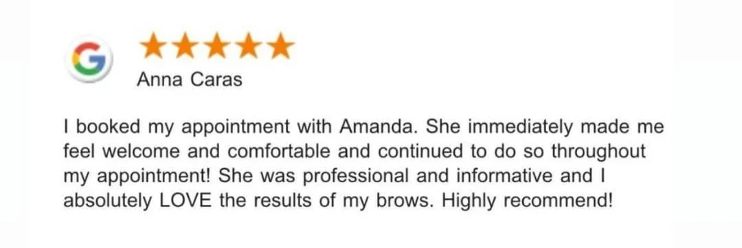 Customer review with five stars and Google logo for Anna Caras, praising her for professional service and improved eyebrows.