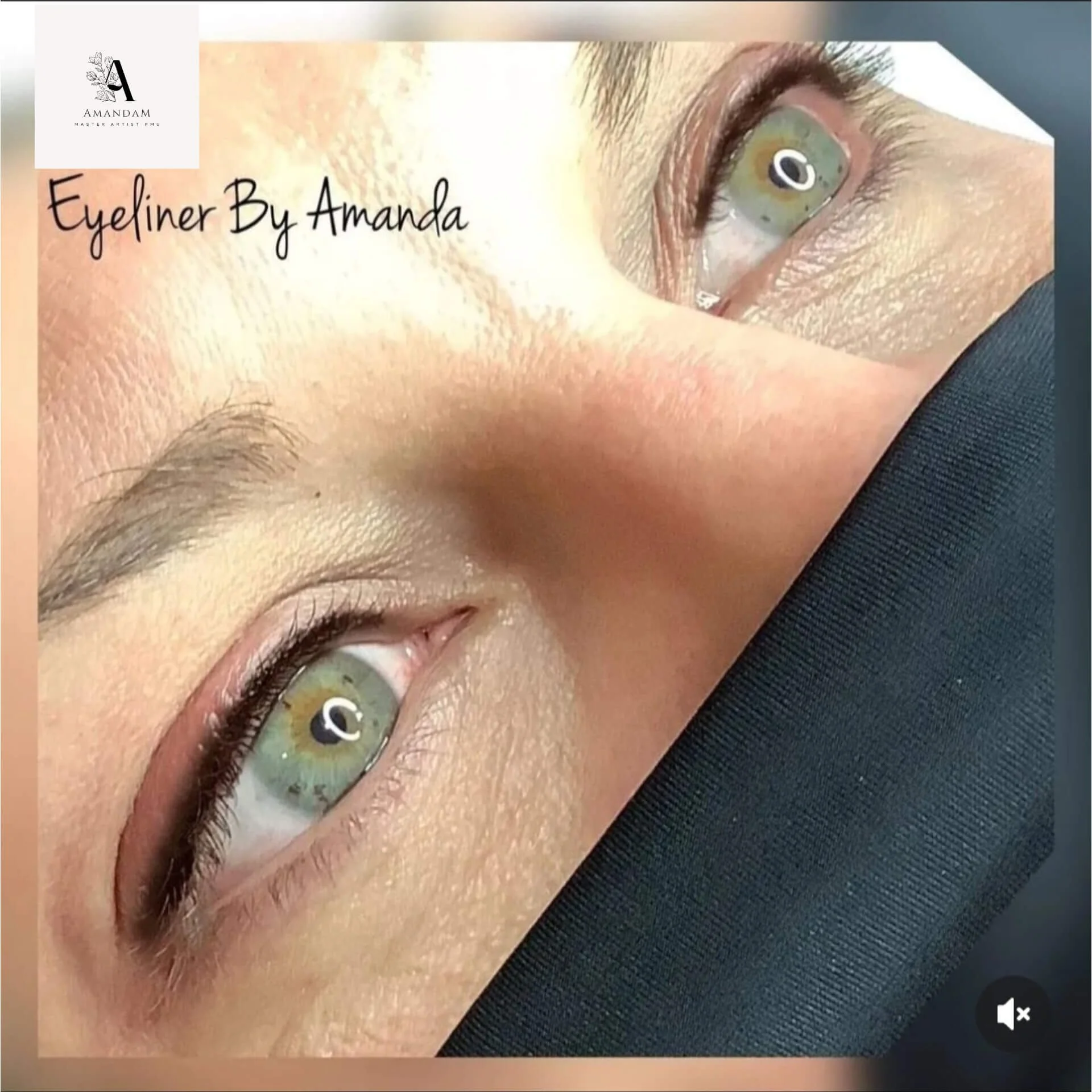 Close-up of a person's eyes and nose, with the text 'Eyeliner By Amanda' and a logo reading 'AMANDAM Master Artist PMU'.