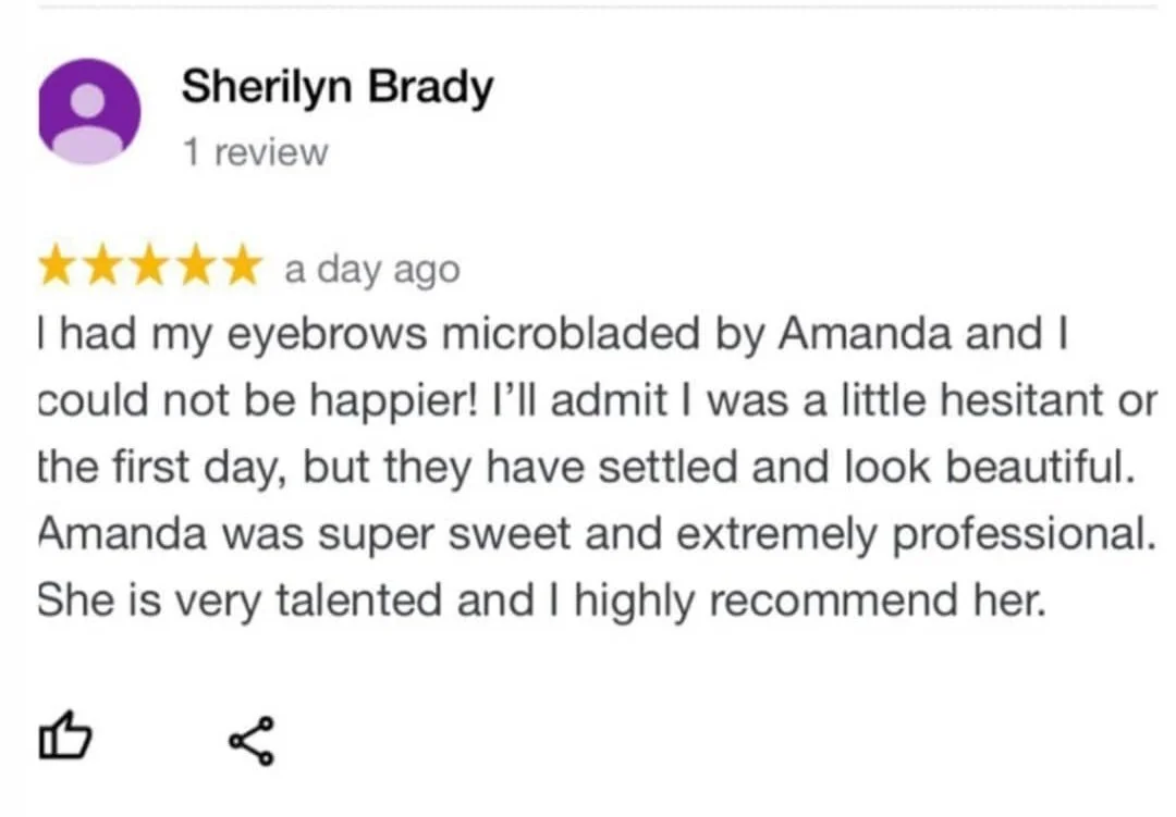Customer review for eyebrow microblading by Amanda, praising her professionalism and talent.