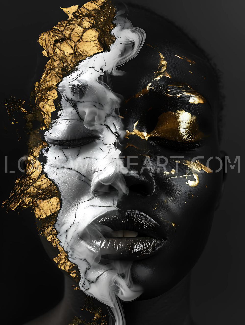 A portrait with deep black skin, marble-white forms, and gold leaf, by Louis White.