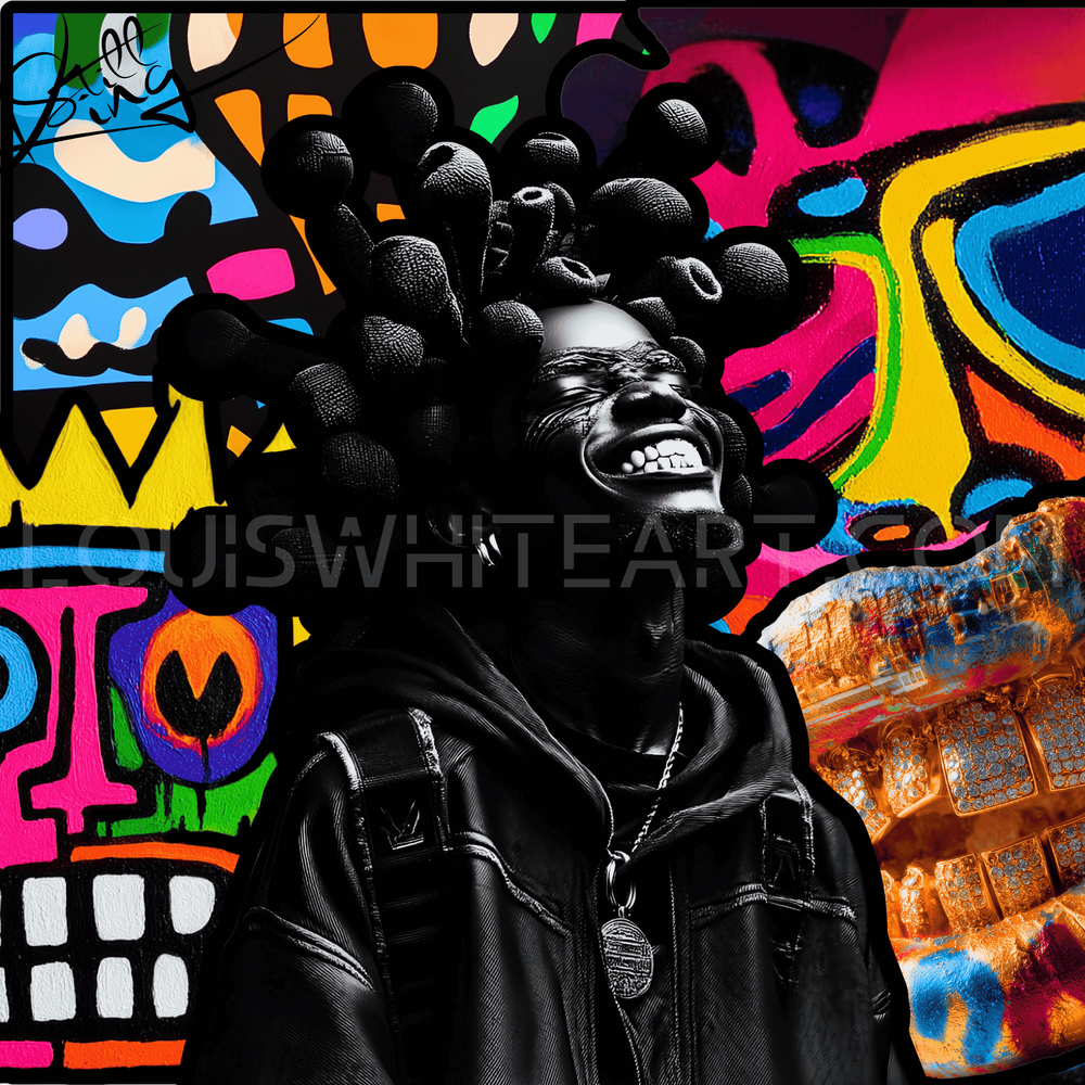 A smiling Black boy with sculptural coiled hair against a colorful street-art background, by Louis White.