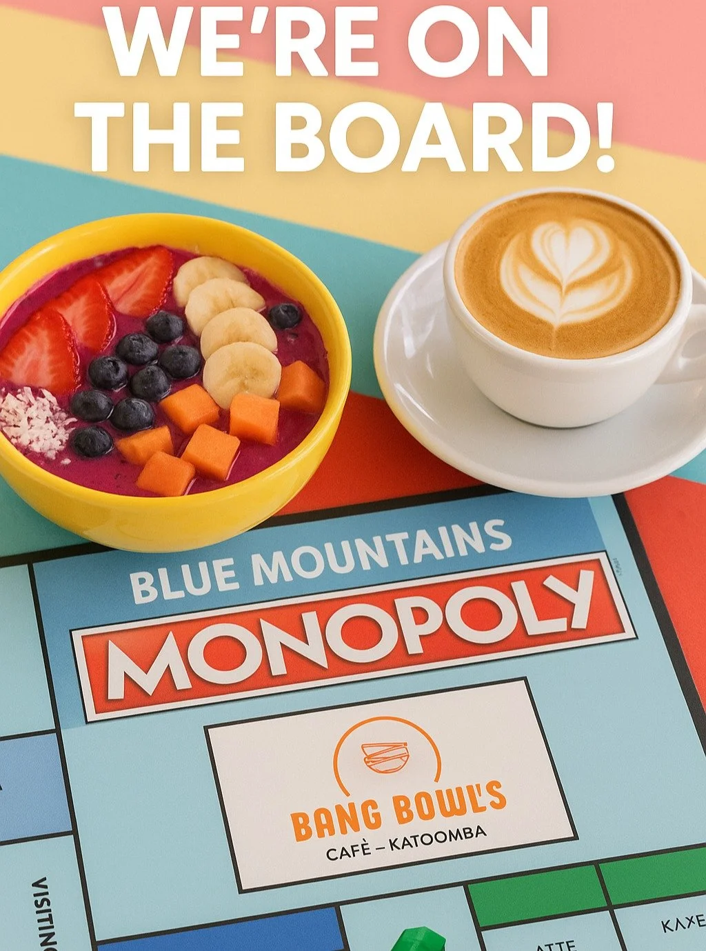 We&rsquo;ve made it onto the Blue Mountains MONOPOLY board! 🎲💙

You can now literally own Bang Bowls Caf&eacute; (in-game, of course 😜).

We are receiving a small quantity of the games to our shop next week and expect them to sell quickly - it's a