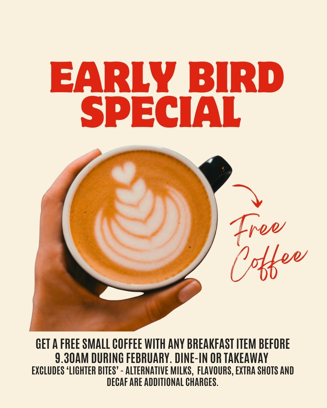 THE EARLY BIRD CATCHES THE FREE COFFEE......

During February we're offering a free coffee with the purchase of a classic breakfast or breakfast bowl before 9.30am ☕️

Enjoy a cup of Toby's Estate Woolloomooloo blend and pair it with an avo toast, ba