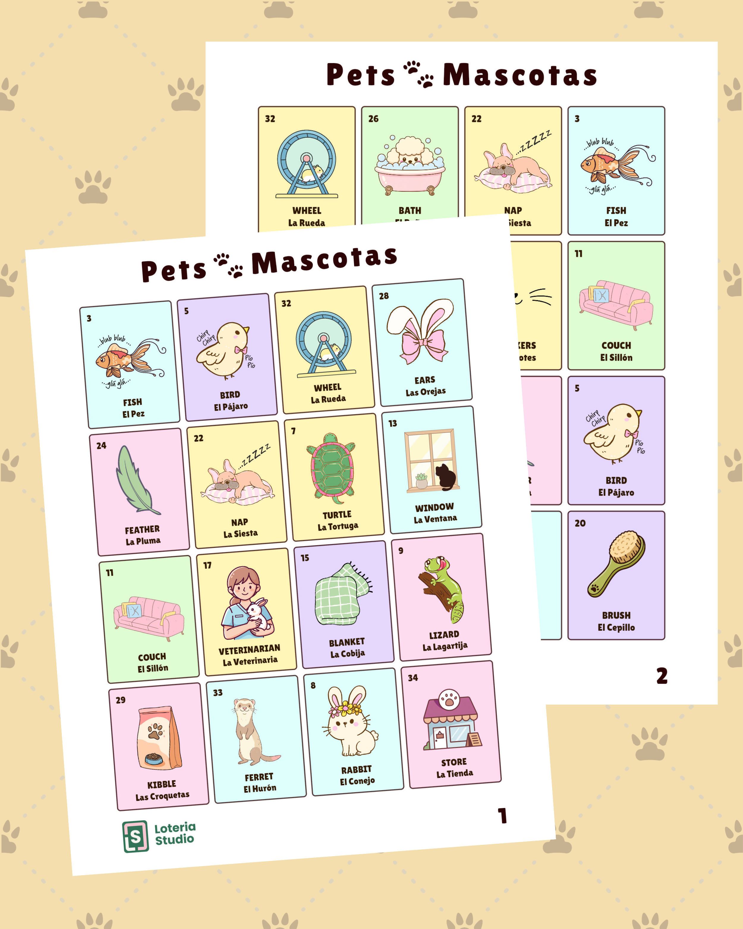 Pets🐾Mascotas Lotería - 60 Boards