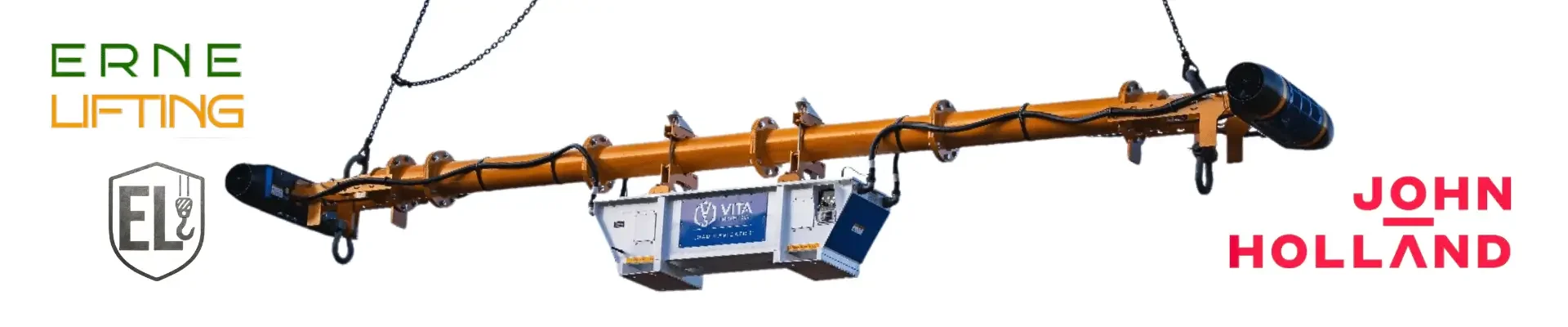 An orange robotic industrial lifting device with black and blue components, branded with logos including ERNE LIFTING, EL, and VITA. The background is white.