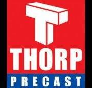 Thorp Precast logo with a red background and a white T-shaped structure above the text.