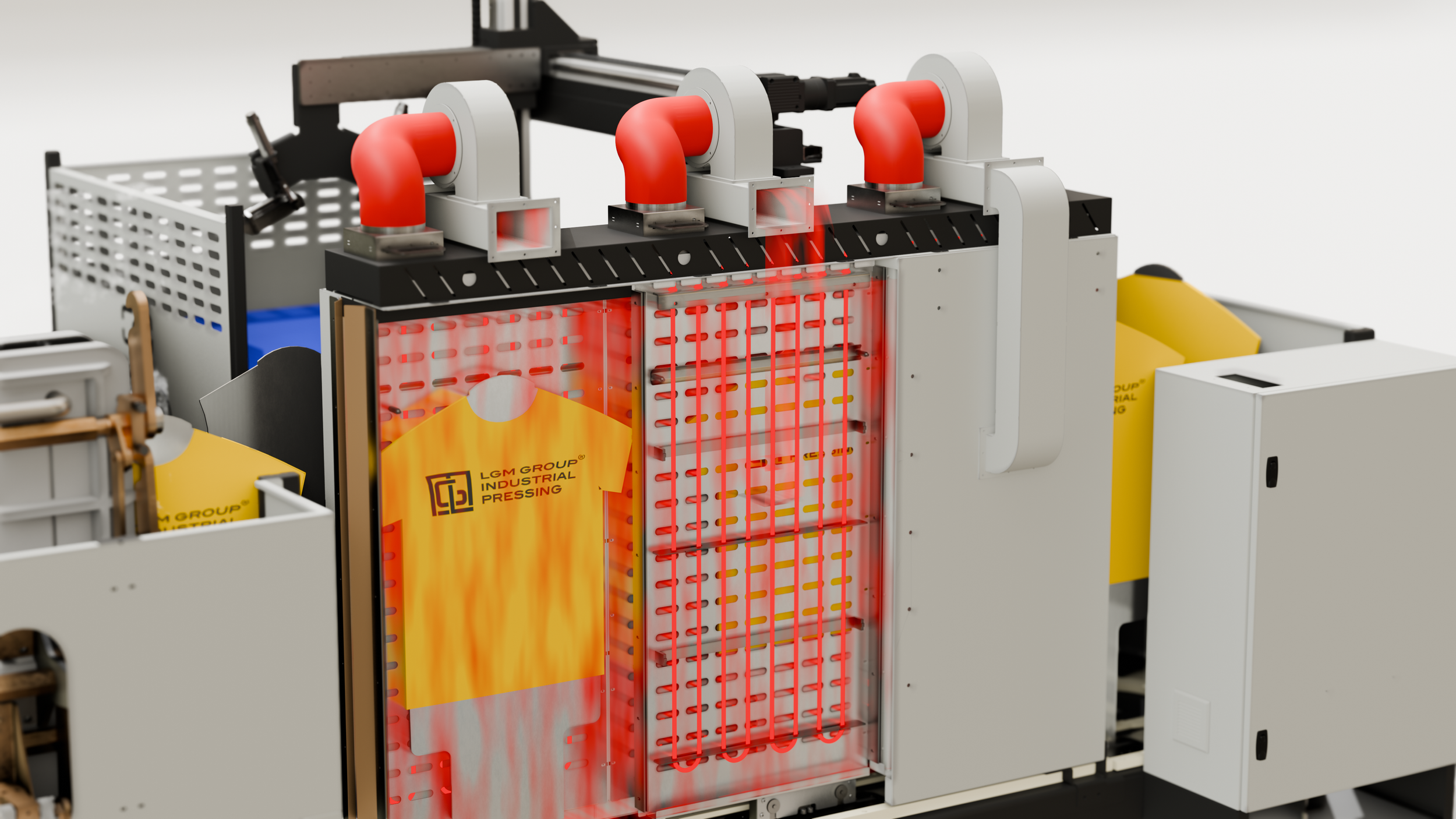 Industrial press machine with red heating elements and orange flames, labeled 'LGM GROUP INDUSTRIAL PRESSING'.