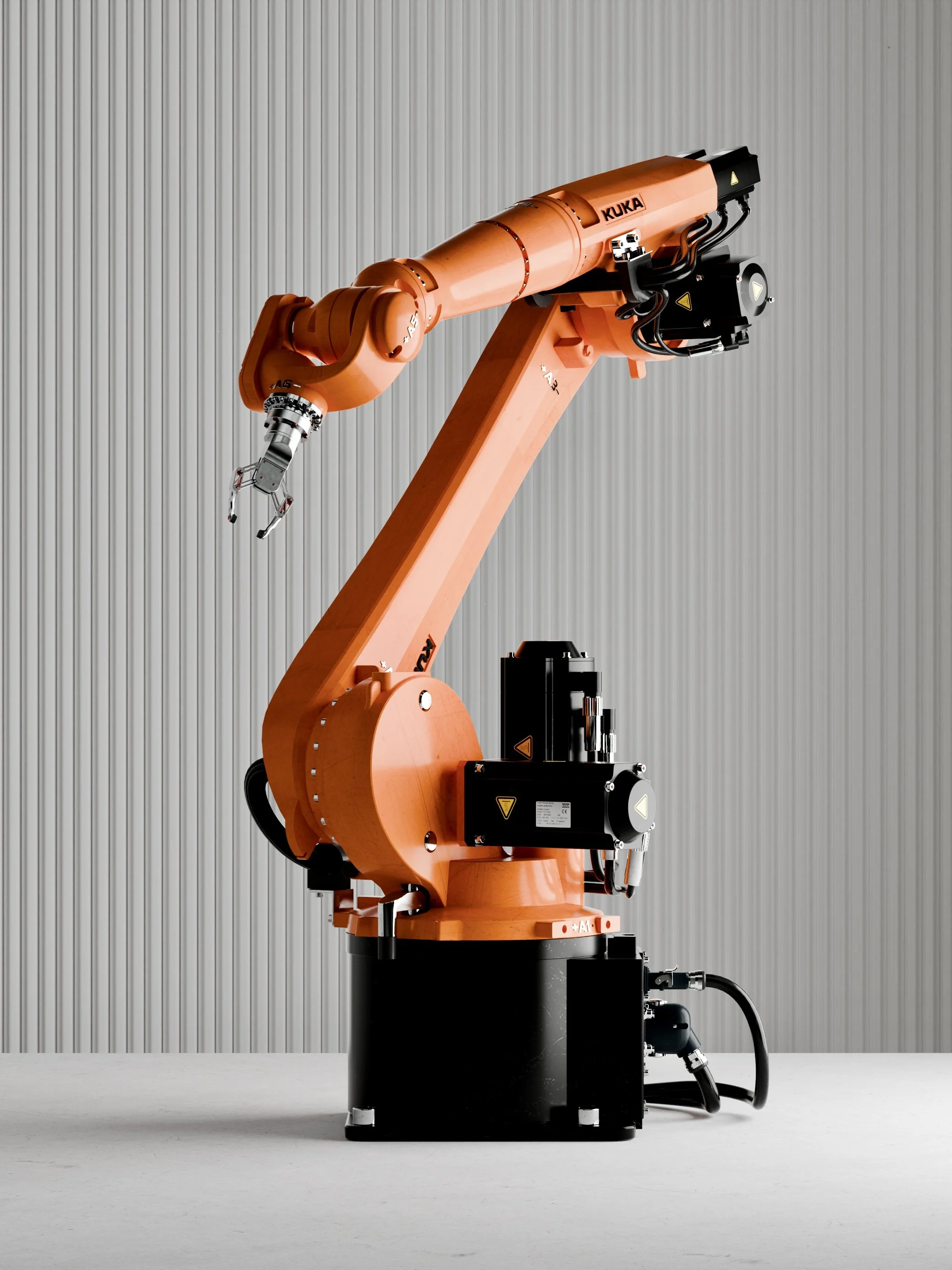 Orange industrial robotic arm with black base against a gray corrugated metal wall.