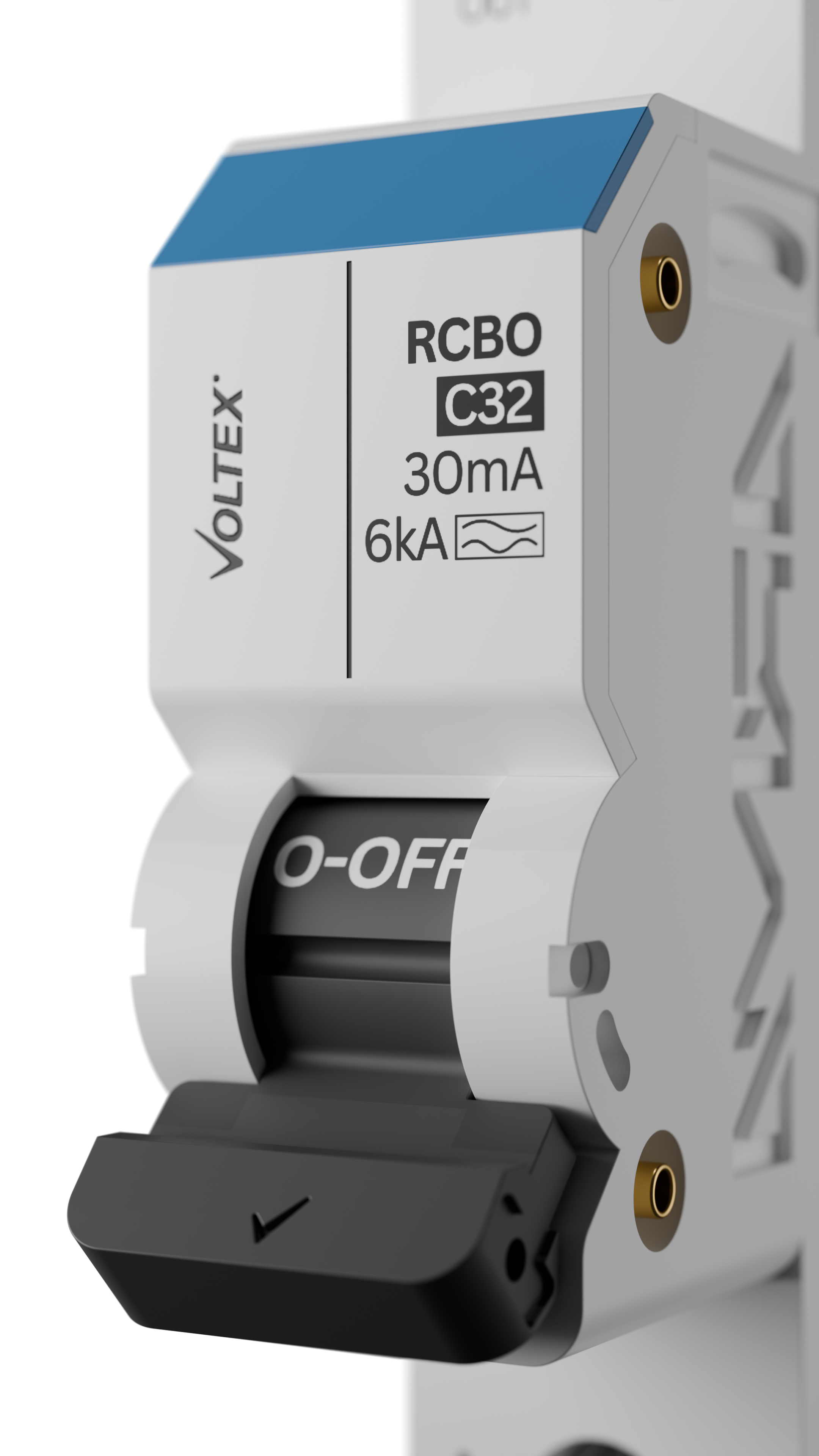 Close-up of a circuit breaker labeled RCBO C32 with specifications for 30mA and 6kA, featuring a black ON/OFF switch.