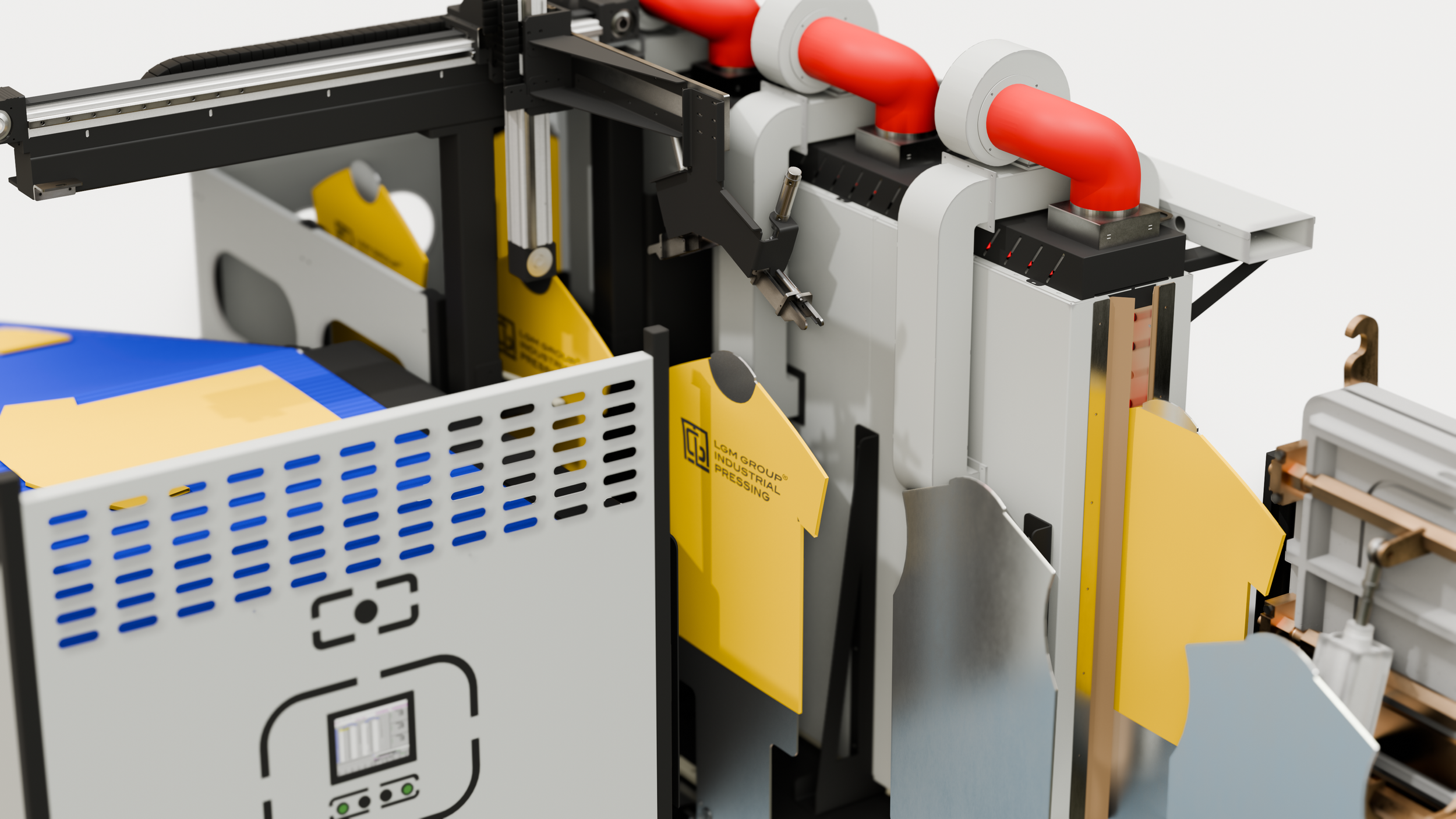 Close-up of industrial machinery with red pipes, black and white metal components, yellow safety guard with warning labels, and various mechanical and electronic parts.