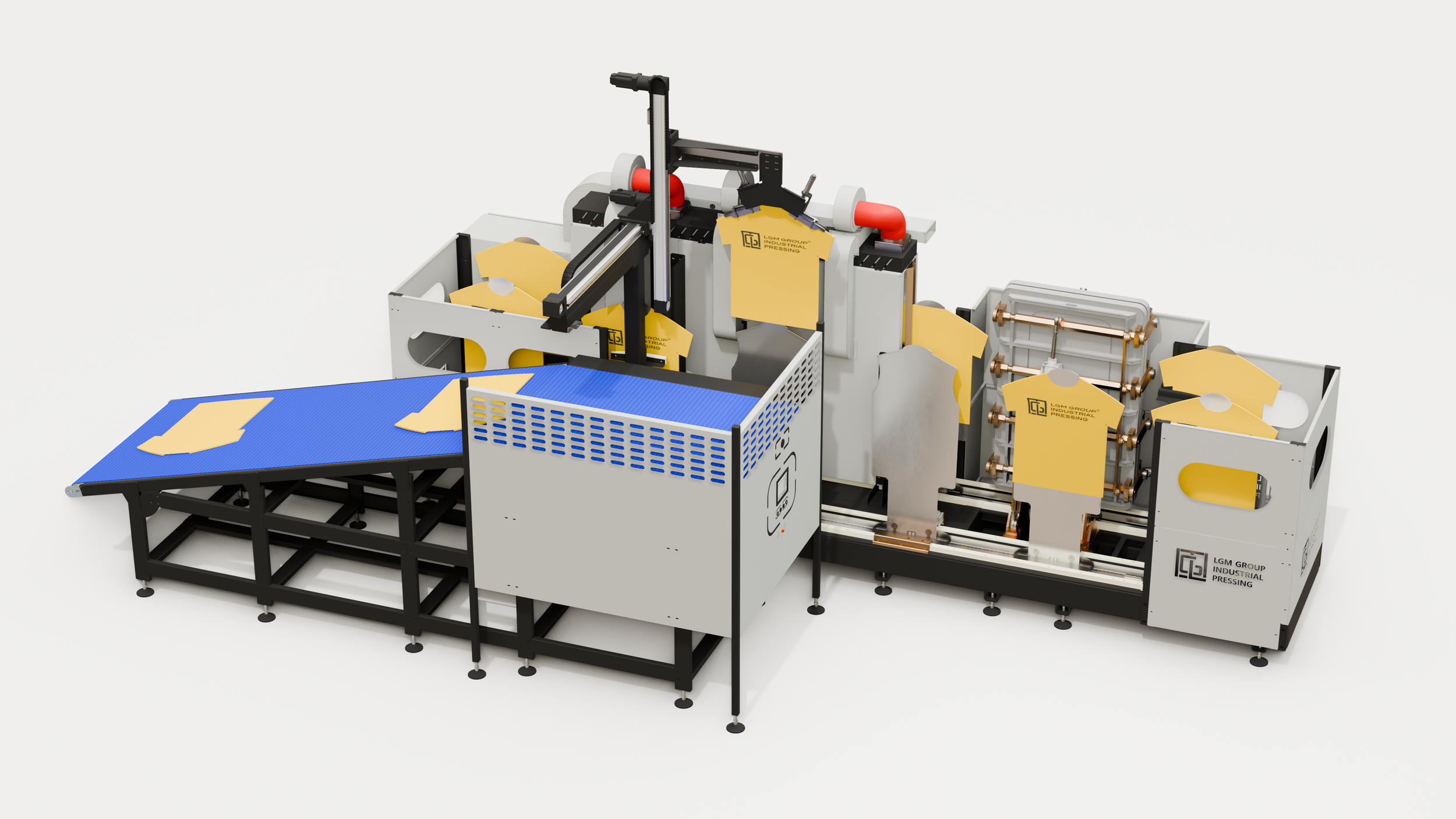 Industrial machinery for pressing or manufacturing, with a conveyor belt and metal components.