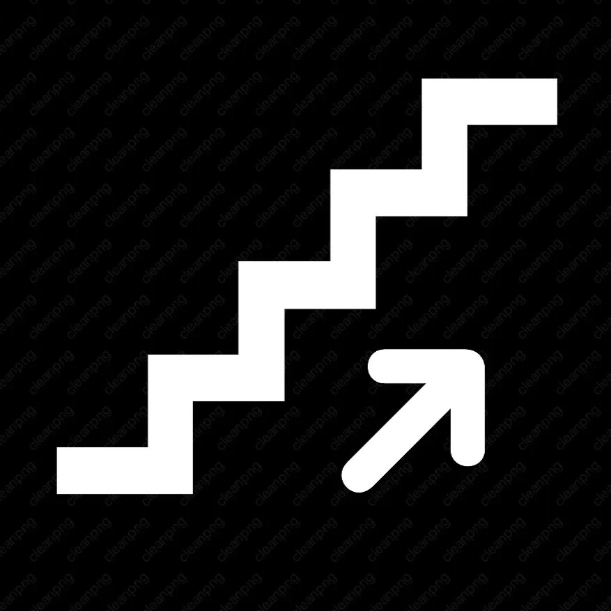 White ascending staircase with a curved arrow pointing upward on black background.