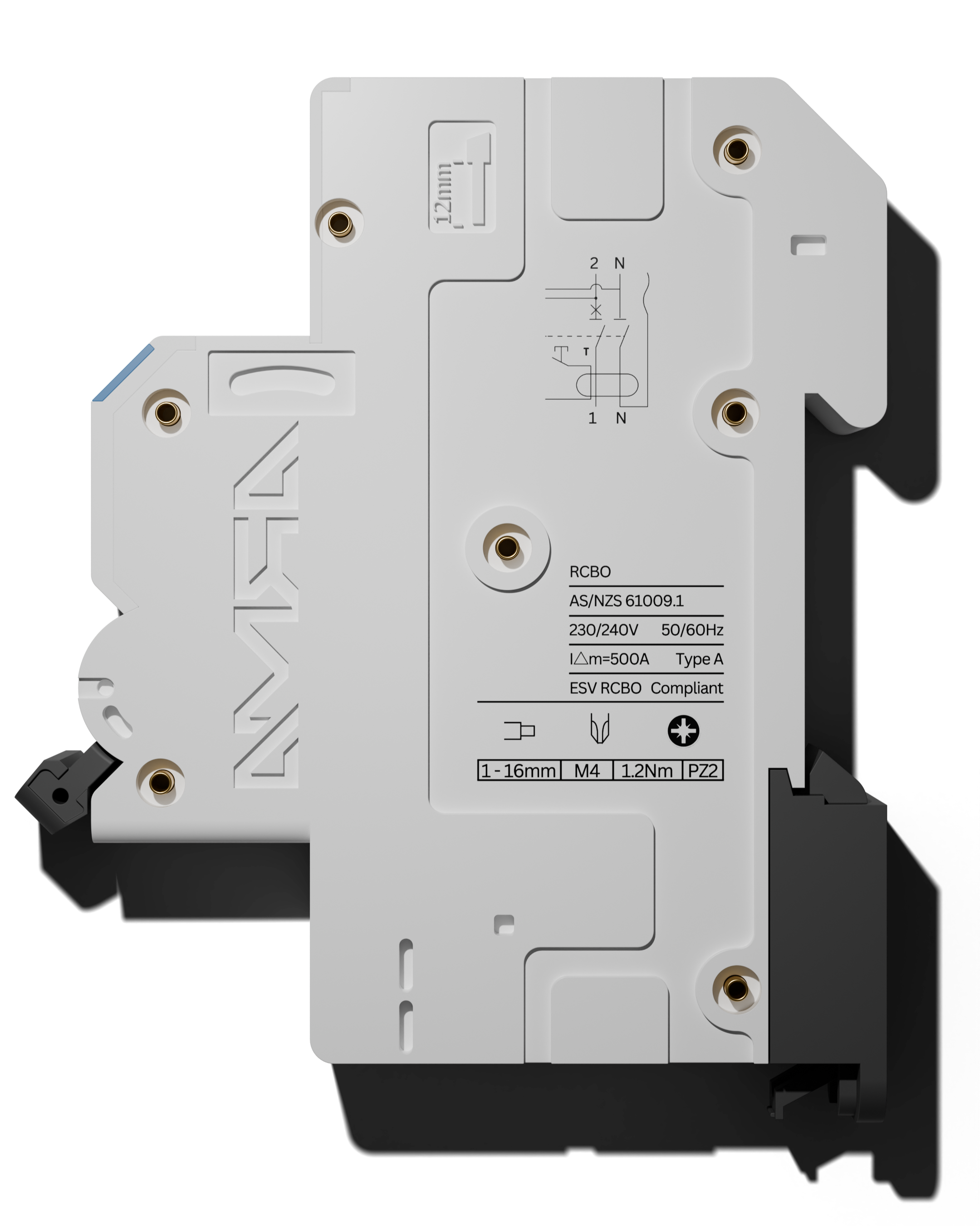 Close-up view of a white electrical circuit breaker with visible wiring ports, technical markings, and labels.
