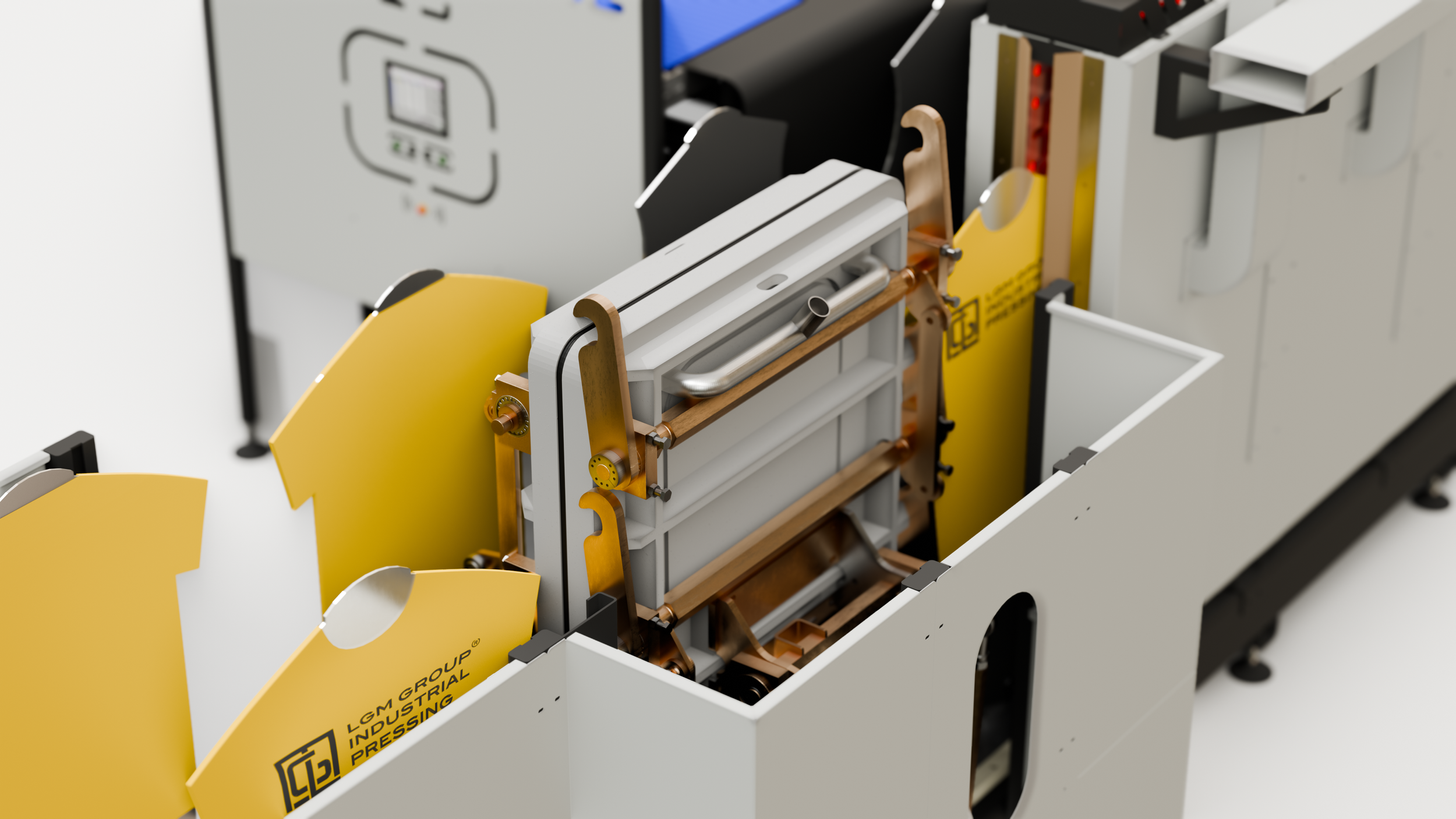 Close-up view of a complex industrial machinery with white, yellow, black, and copper-colored components, including pipes, metallic parts, and safety warning labels.