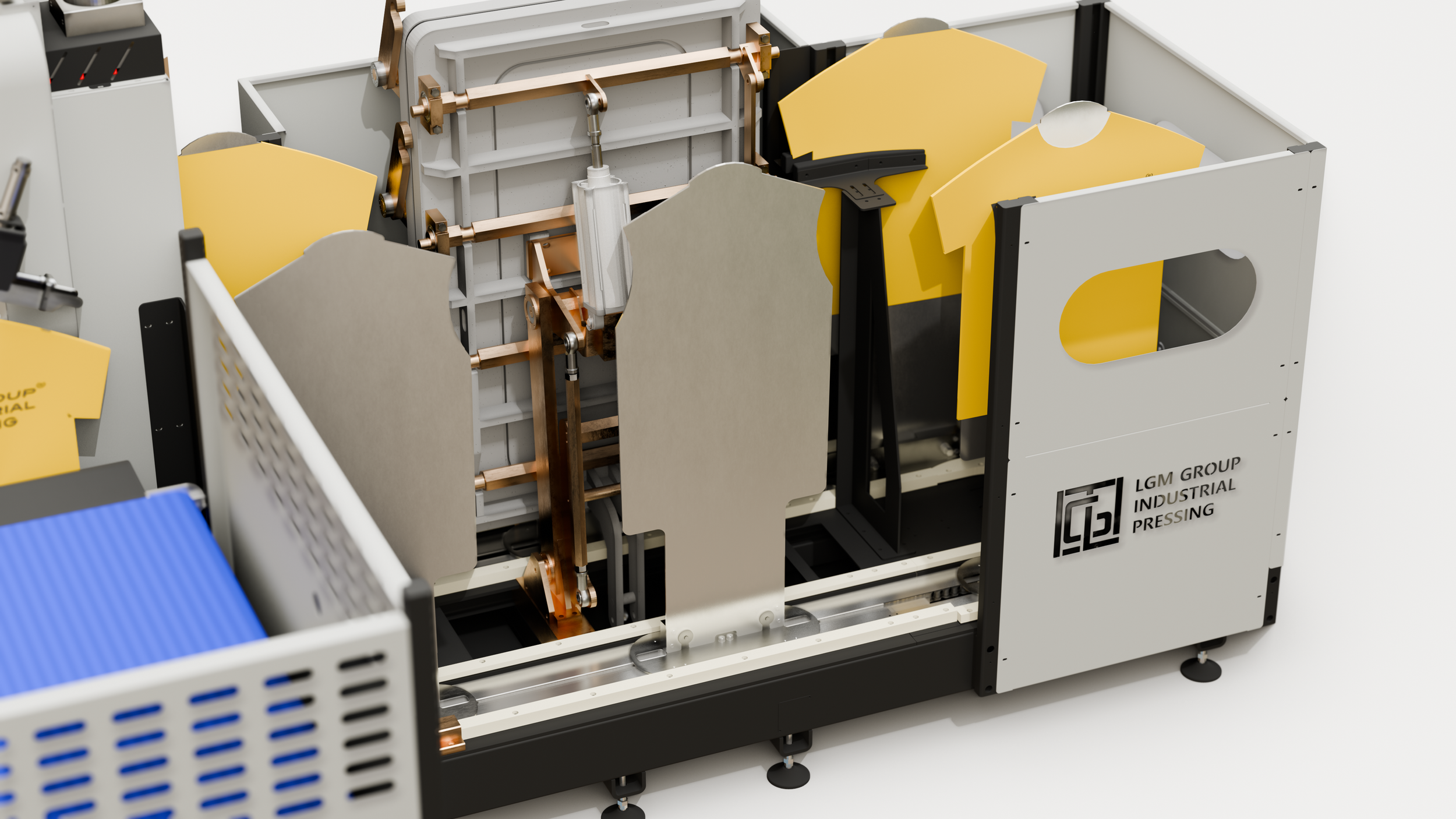 Close-up of industrial machinery with metal and copper components, labeled with the LGM Group Industrial Pressing logo.