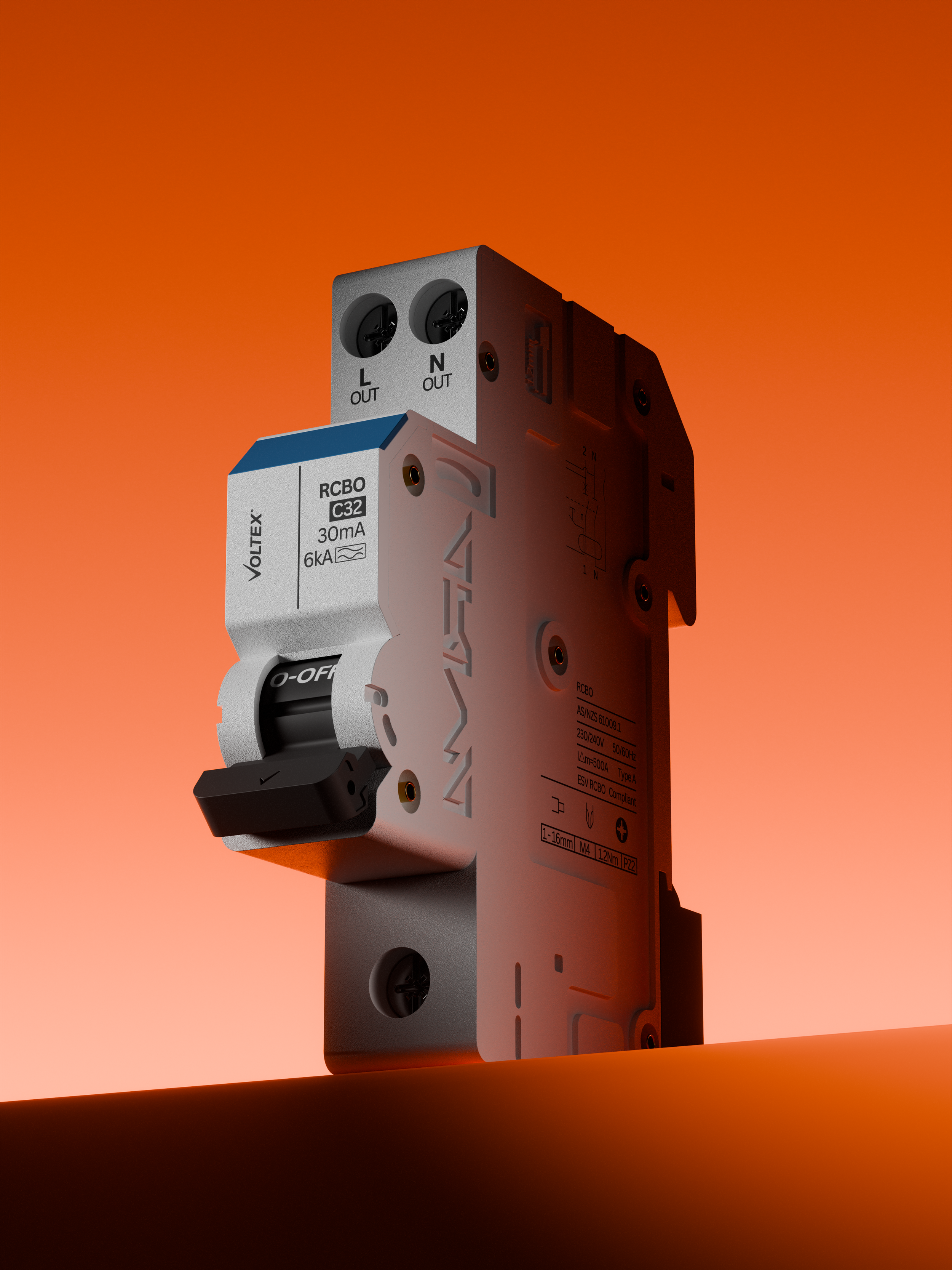 Close-up of an electrical contactor with a push button and labels on a component against an orange background.