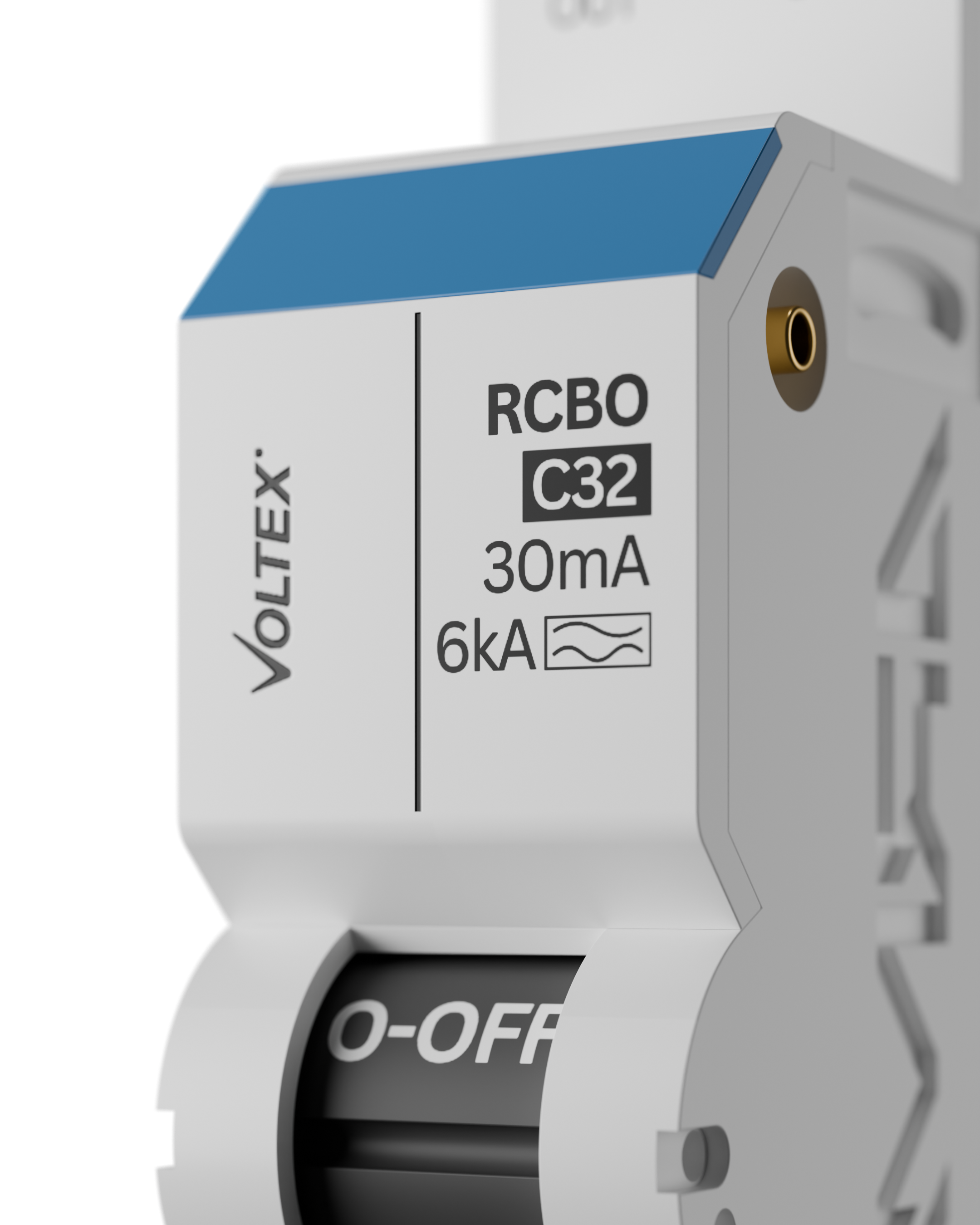 Close-up of a medical device labeled 'RCBO C32 30mA 6kA', showing part of a switch or circuit breaker with a blue top, white base, and a circular socket.