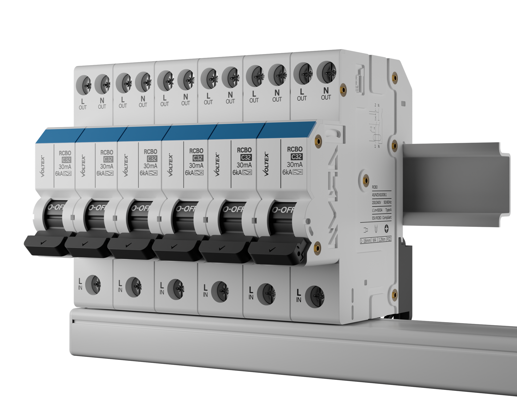 A modern electrical circuit breaker panel with multiple switches and wiring connections.