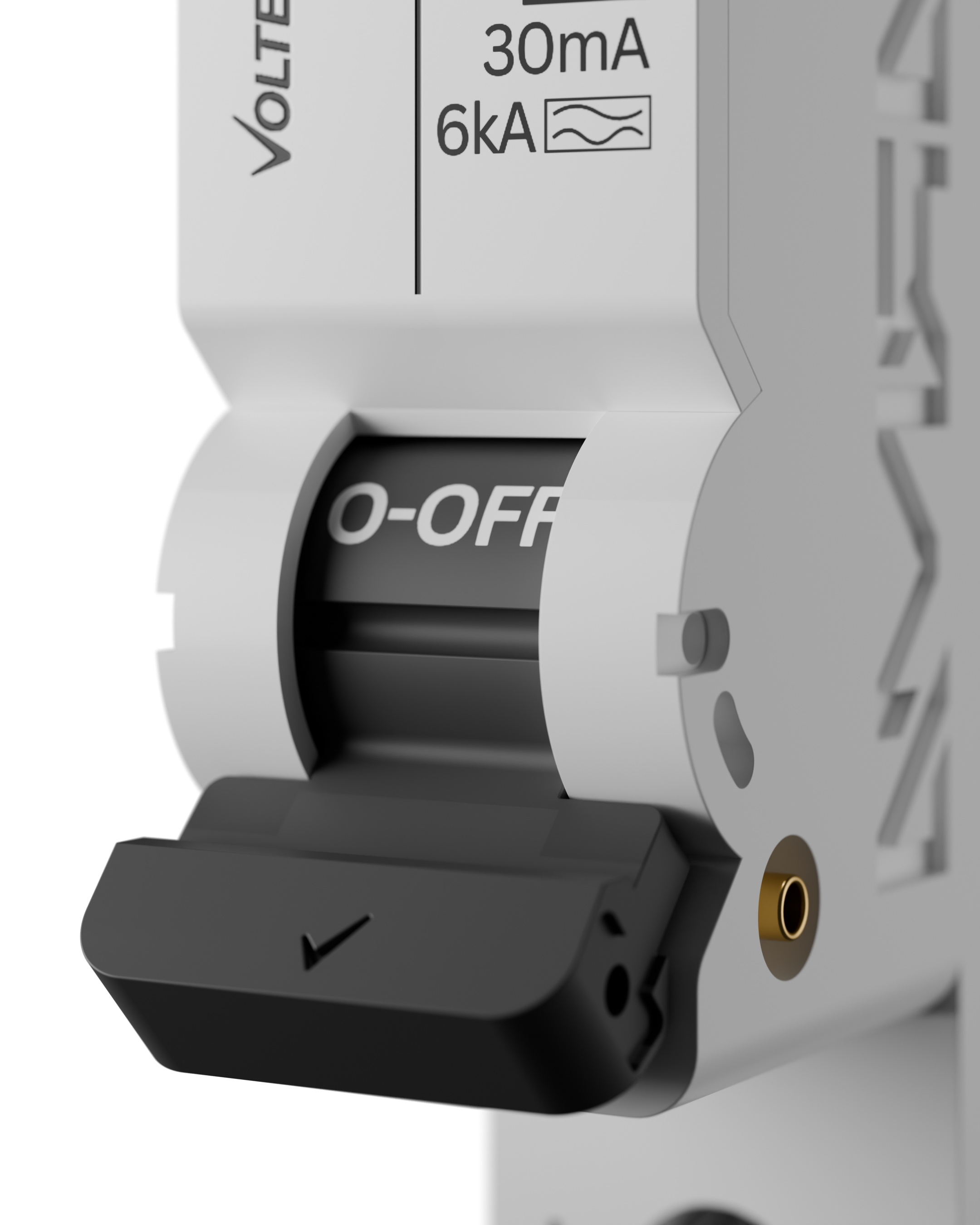 Close-up of a white electronic device, showing a display with text and symbols related to electrical specifications, including 30mA and 6kA, with a toggle switch labeled 'O-OFF' at the bottom.
